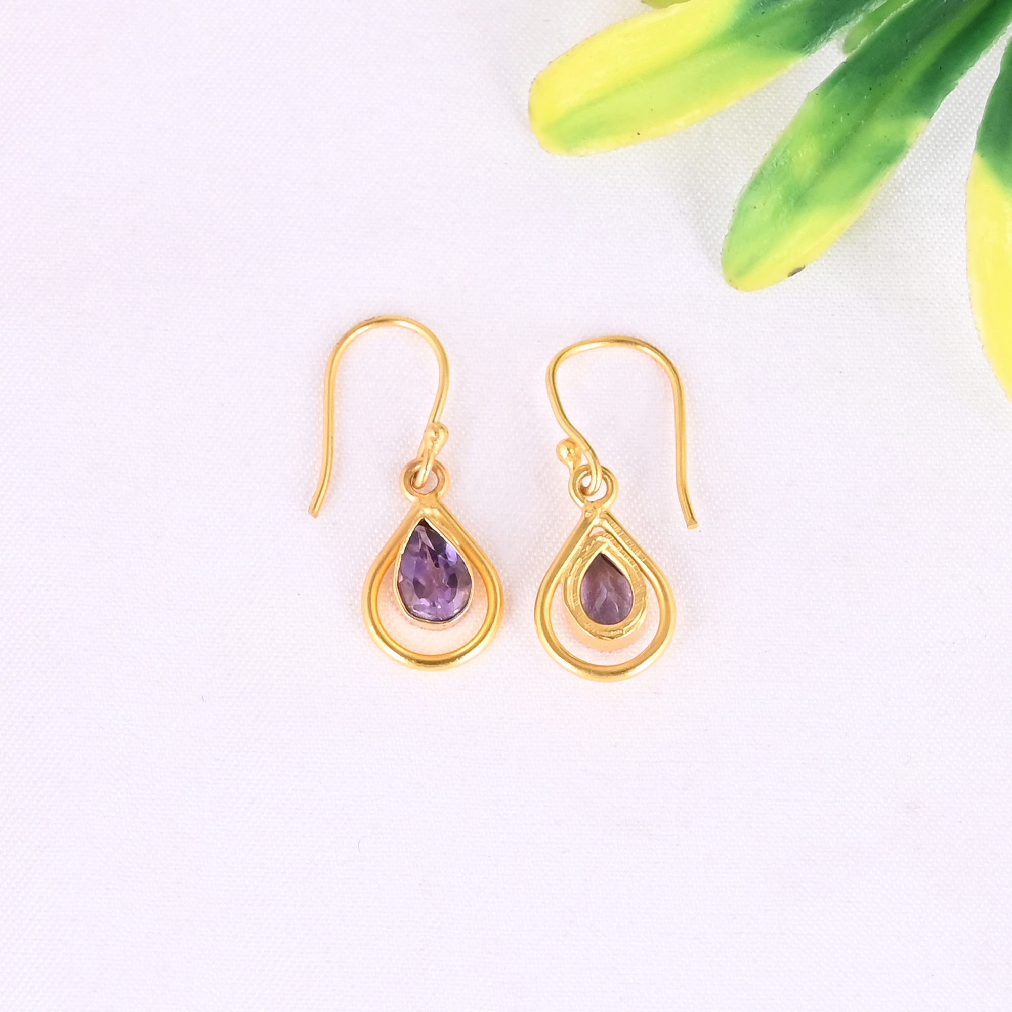 Natural Purple Amethyst Gemstone 925 Sterling Silver Minimalist Drop Gold Plated Earrings for Women