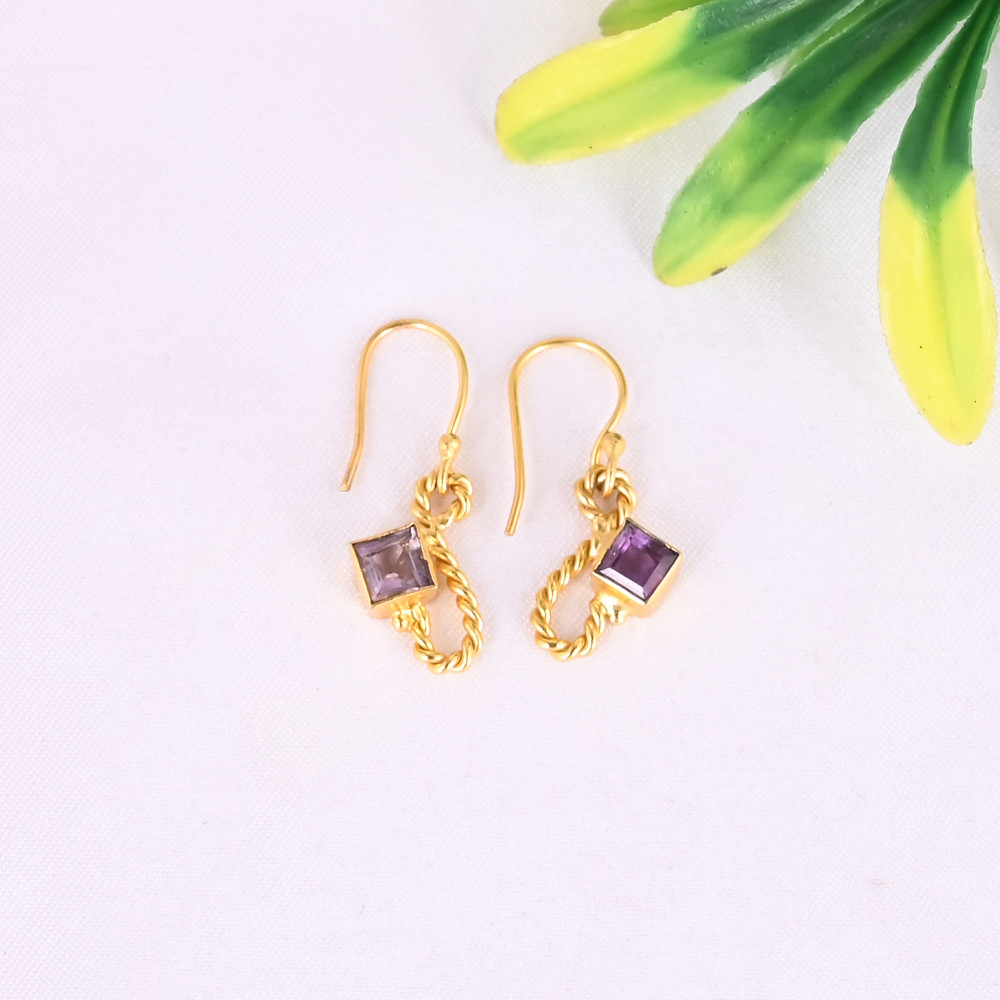 Image of Natural Purple Amethyst 925 Sterling Silver Gold Plated Minimalist Dangle Earrings for Women