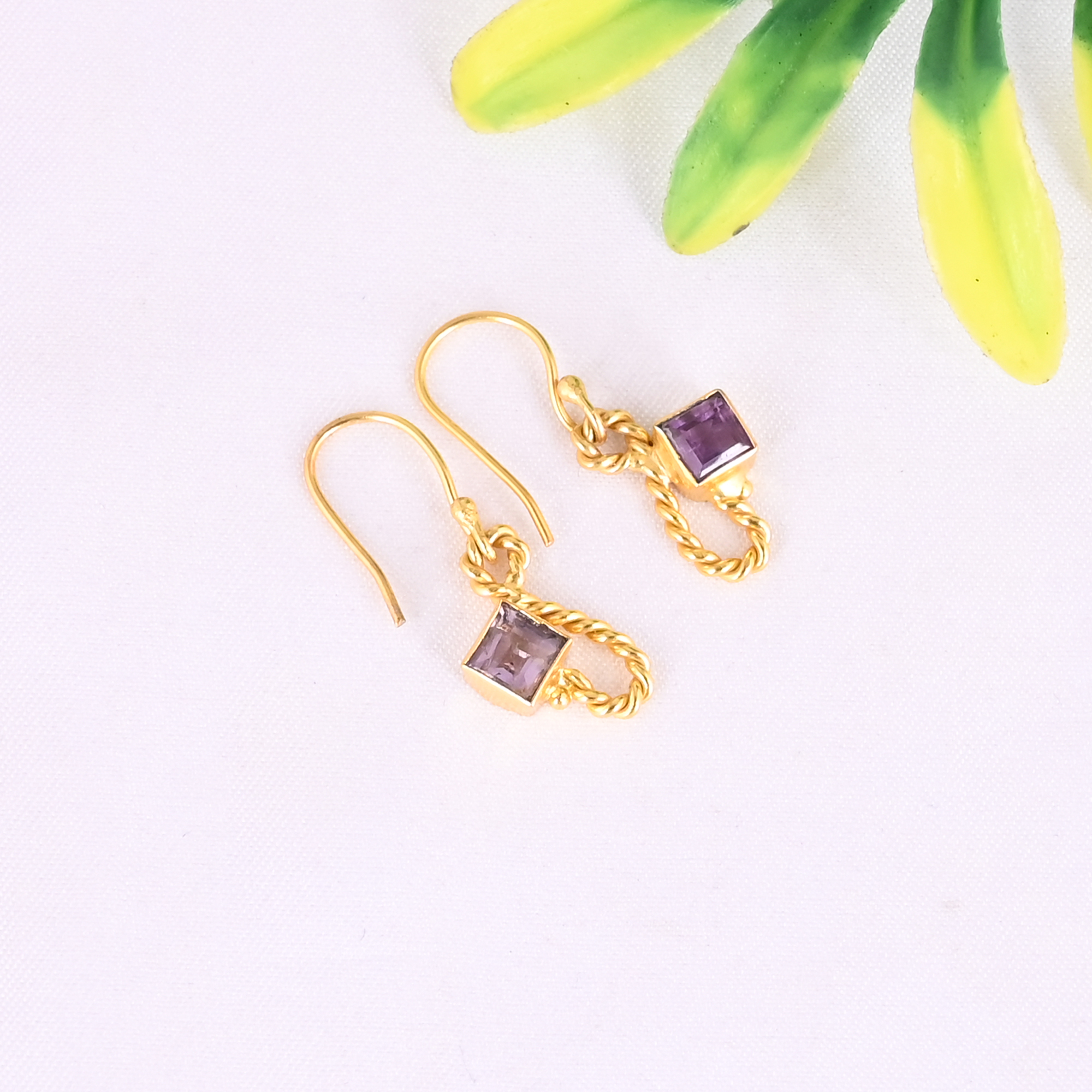 Natural Purple Amethyst 925 Sterling Silver Gold Plated Minimalist Dangle Earrings for Women