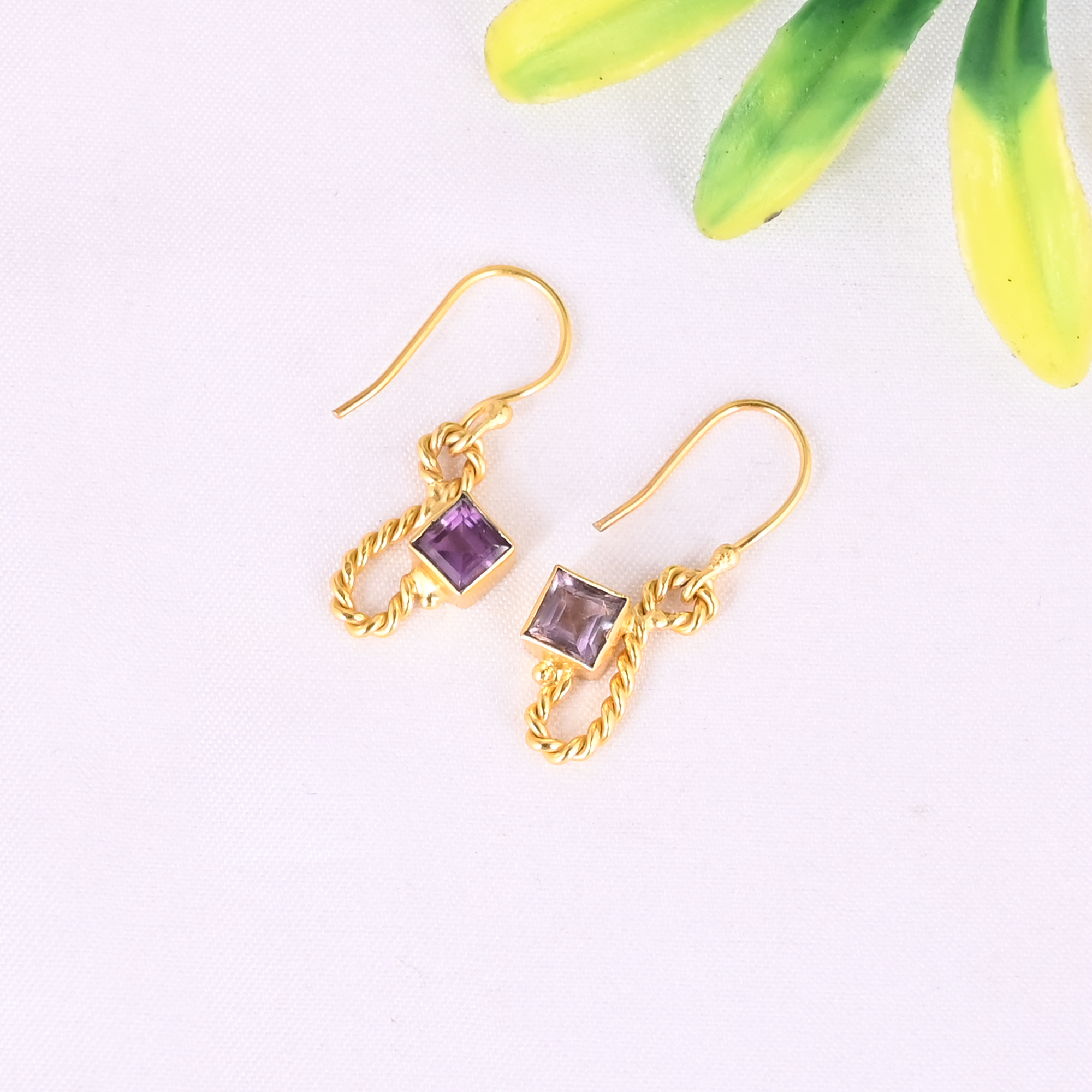 Natural Purple Amethyst 925 Sterling Silver Gold Plated Minimalist Dangle Earrings for Women