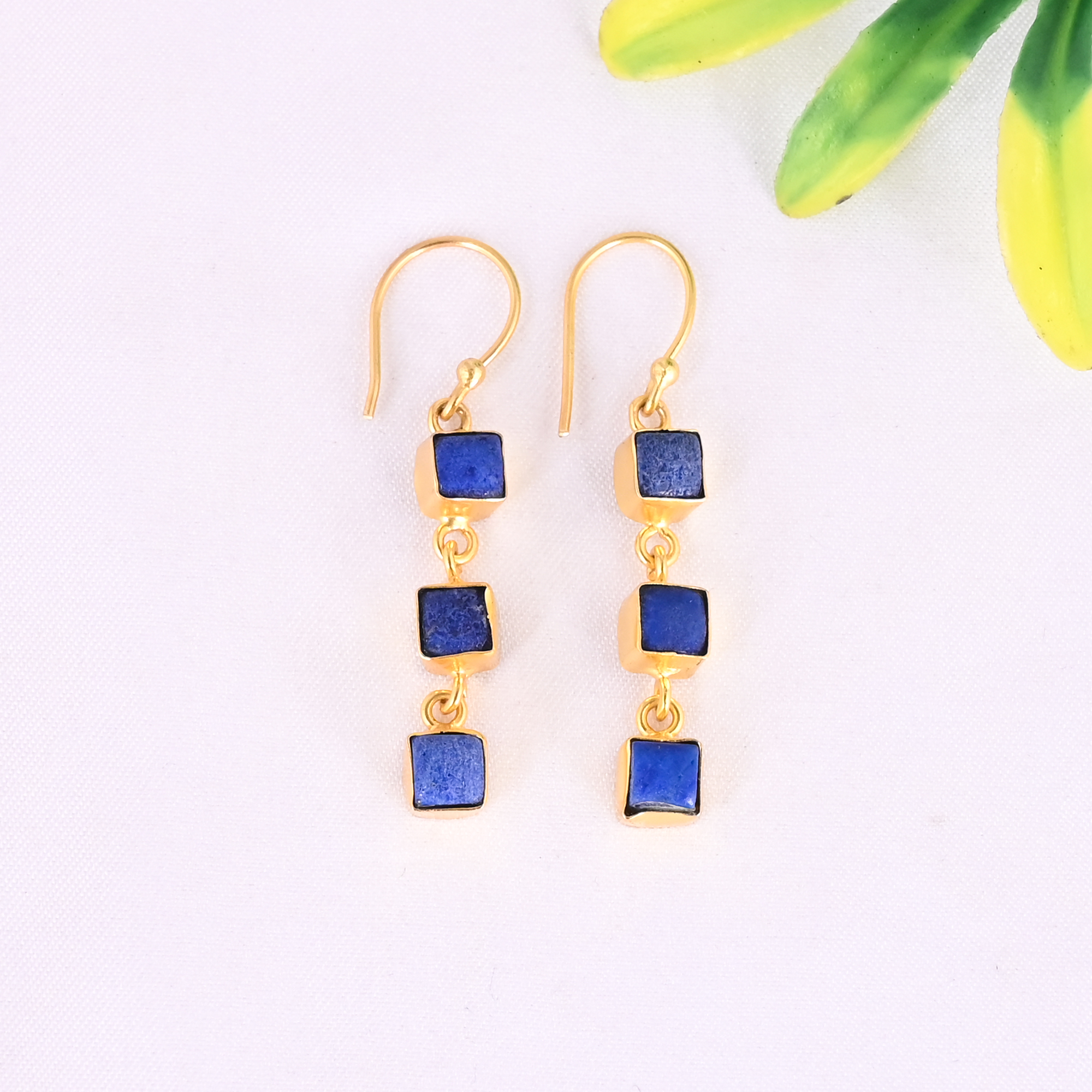 Natural Lapis Lazuli Triple Gemstone 925 Sterling Silver Stylish Minimalist Drop Gold Plated Earrings for Women