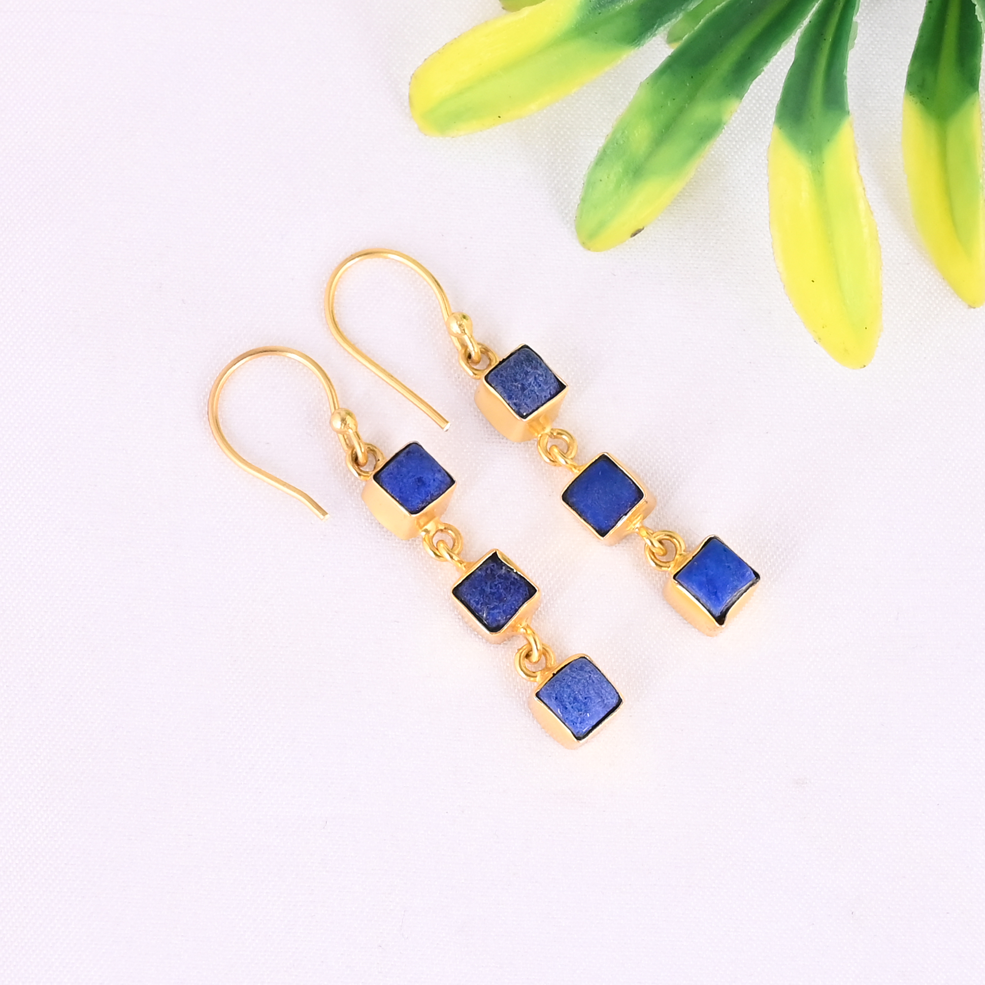 Natural Lapis Lazuli Triple Gemstone 925 Sterling Silver Stylish Minimalist Drop Gold Plated Earrings for Women