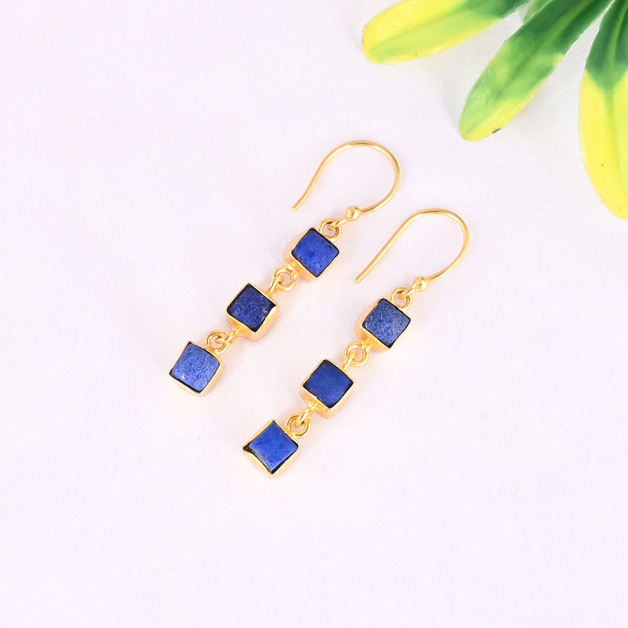 Natural Lapis Lazuli Triple Gemstone 925 Sterling Silver Stylish Minimalist Drop Gold Plated Earrings for Women
