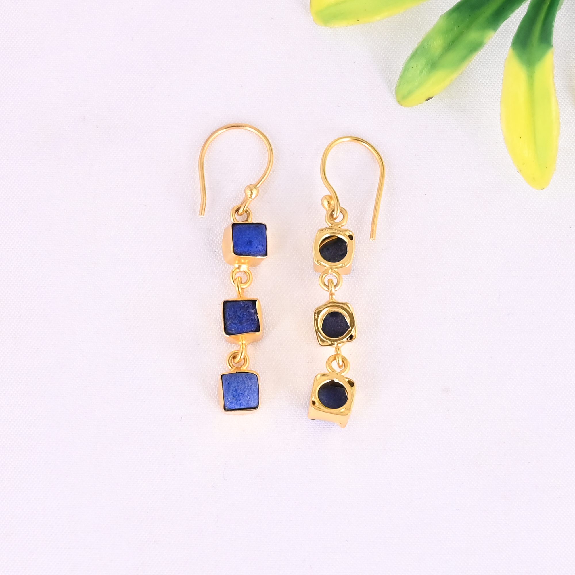 Natural Lapis Lazuli Triple Gemstone 925 Sterling Silver Stylish Minimalist Drop Gold Plated Earrings for Women