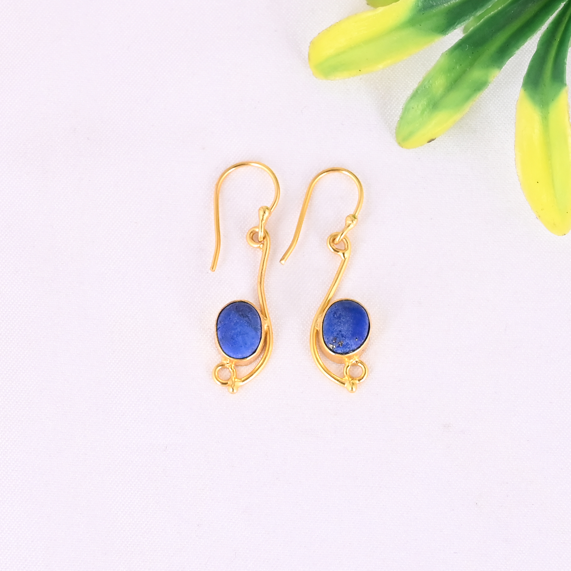 Natural Lapis Lazuli Gemstone 925 Sterling Silver Stylish Minimalist Drop Gold Plated Earrings for Women