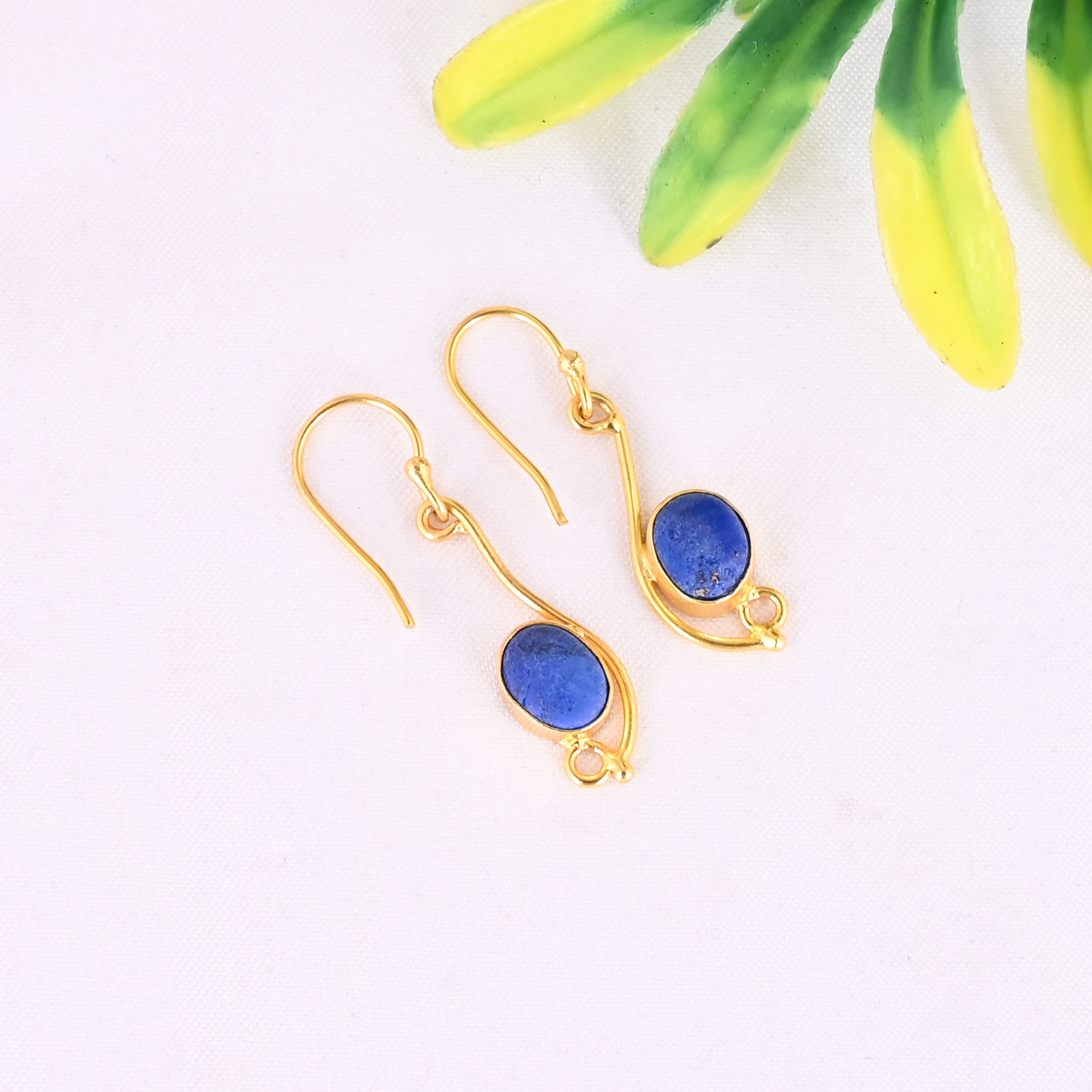 Natural Lapis Lazuli Gemstone 925 Sterling Silver Stylish Minimalist Drop Gold Plated Earrings for Women