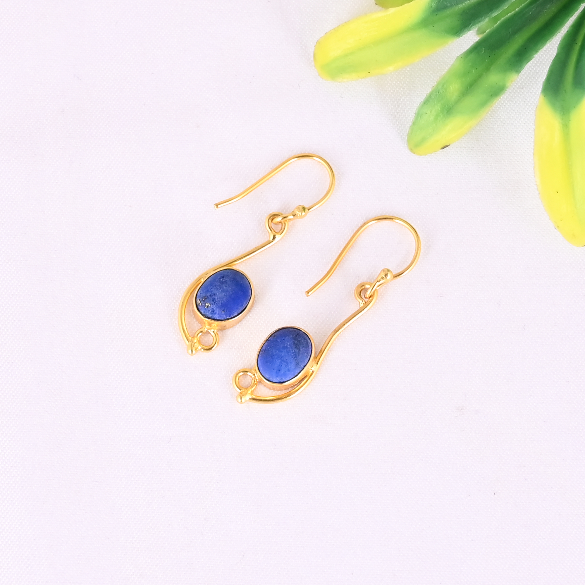 Natural Lapis Lazuli Gemstone 925 Sterling Silver Stylish Minimalist Drop Gold Plated Earrings for Women