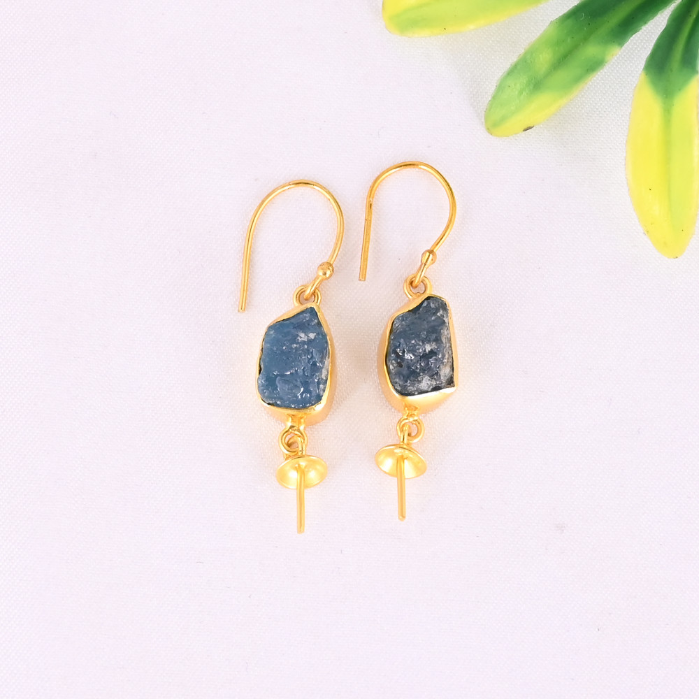Image of Natural Neon Apatite Raw Gemstone 925 Sterling Silver Stylish Minimalist Drop Gold Plated Earrings