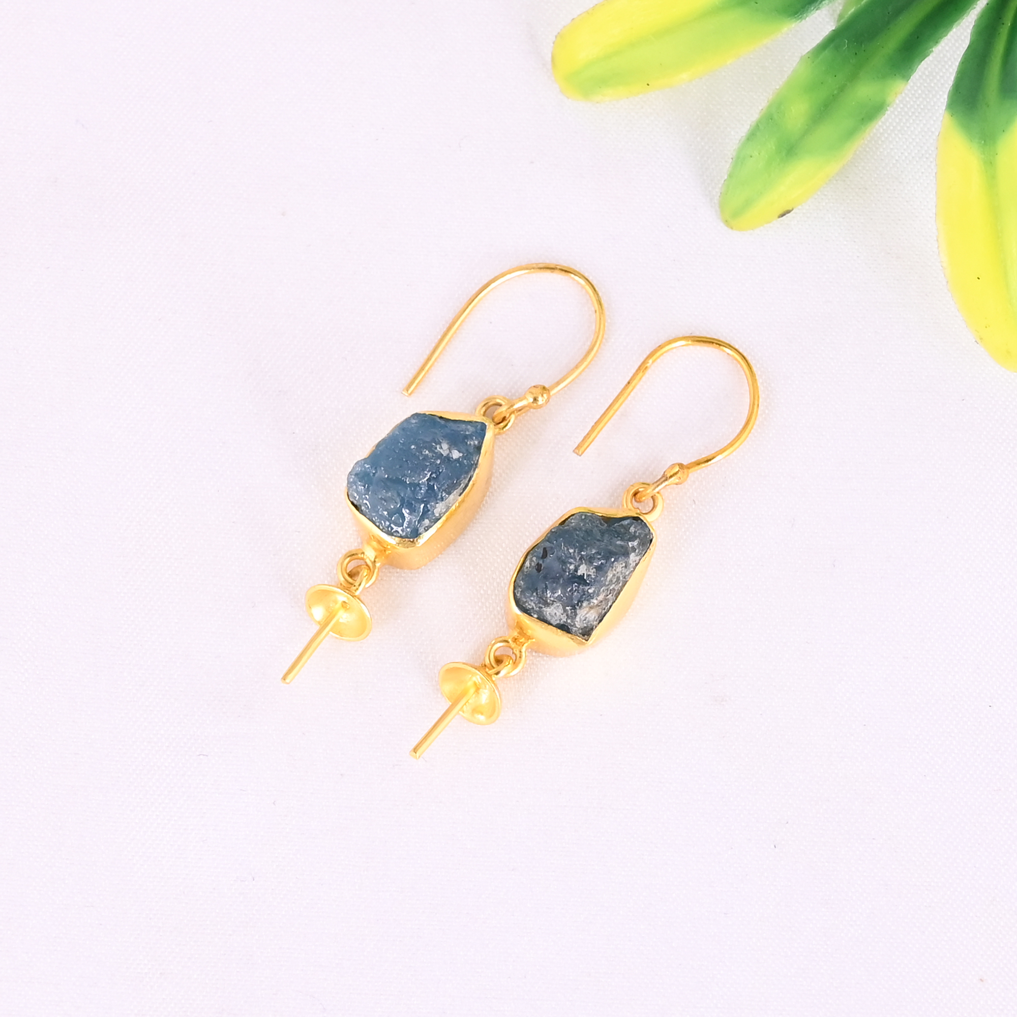 Natural Neon Apatite Raw Gemstone 925 Sterling Silver Stylish Minimalist Drop Gold Plated Earrings