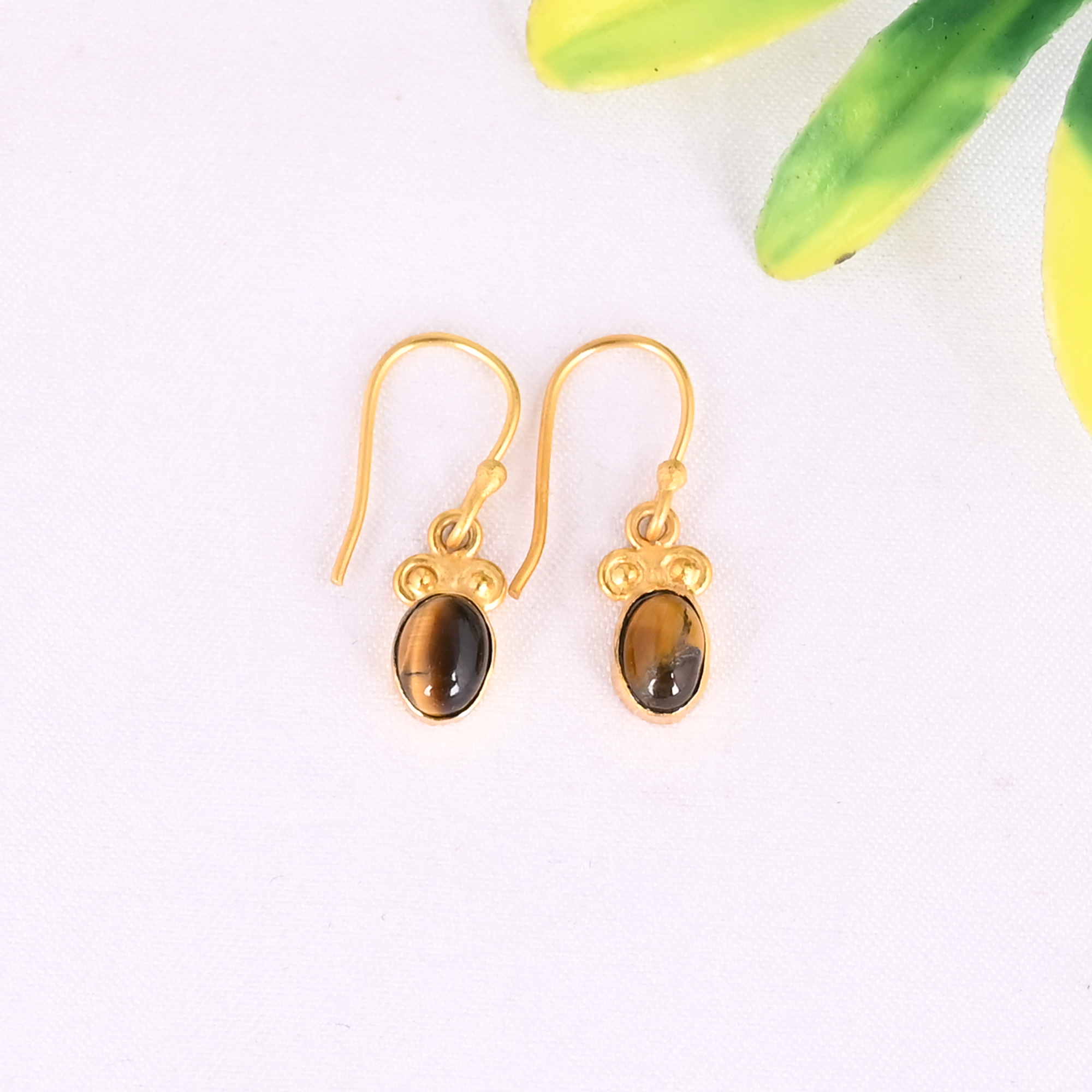 Natural Tiger Eye Gemstone 925 Sterling Silver Stylish Minimalist Gold Plated Drop Earrings