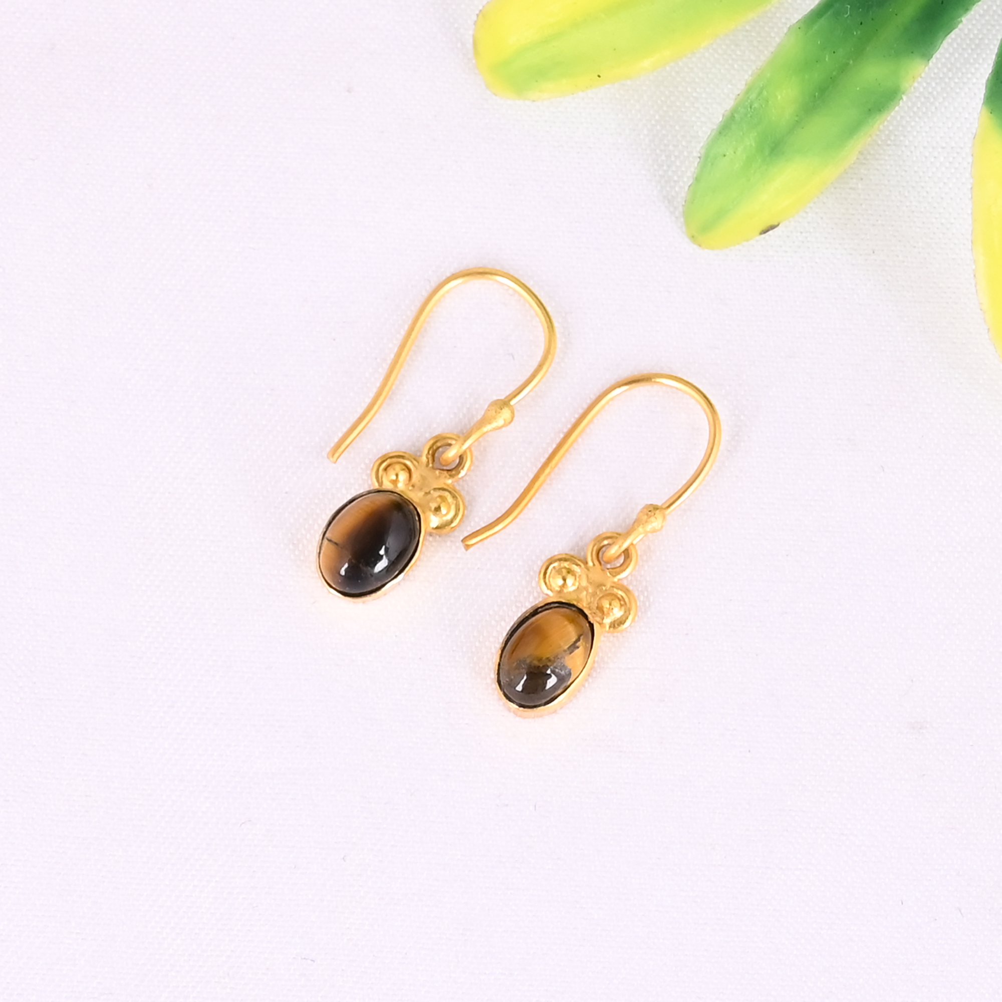 Natural Tiger Eye Gemstone 925 Sterling Silver Stylish Minimalist Gold Plated Drop Earrings