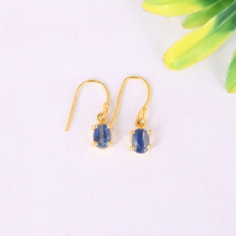 Image of Natural Blue Kyanite 925 Sterling Silver Gold Plated  Dangle Earrings for Women