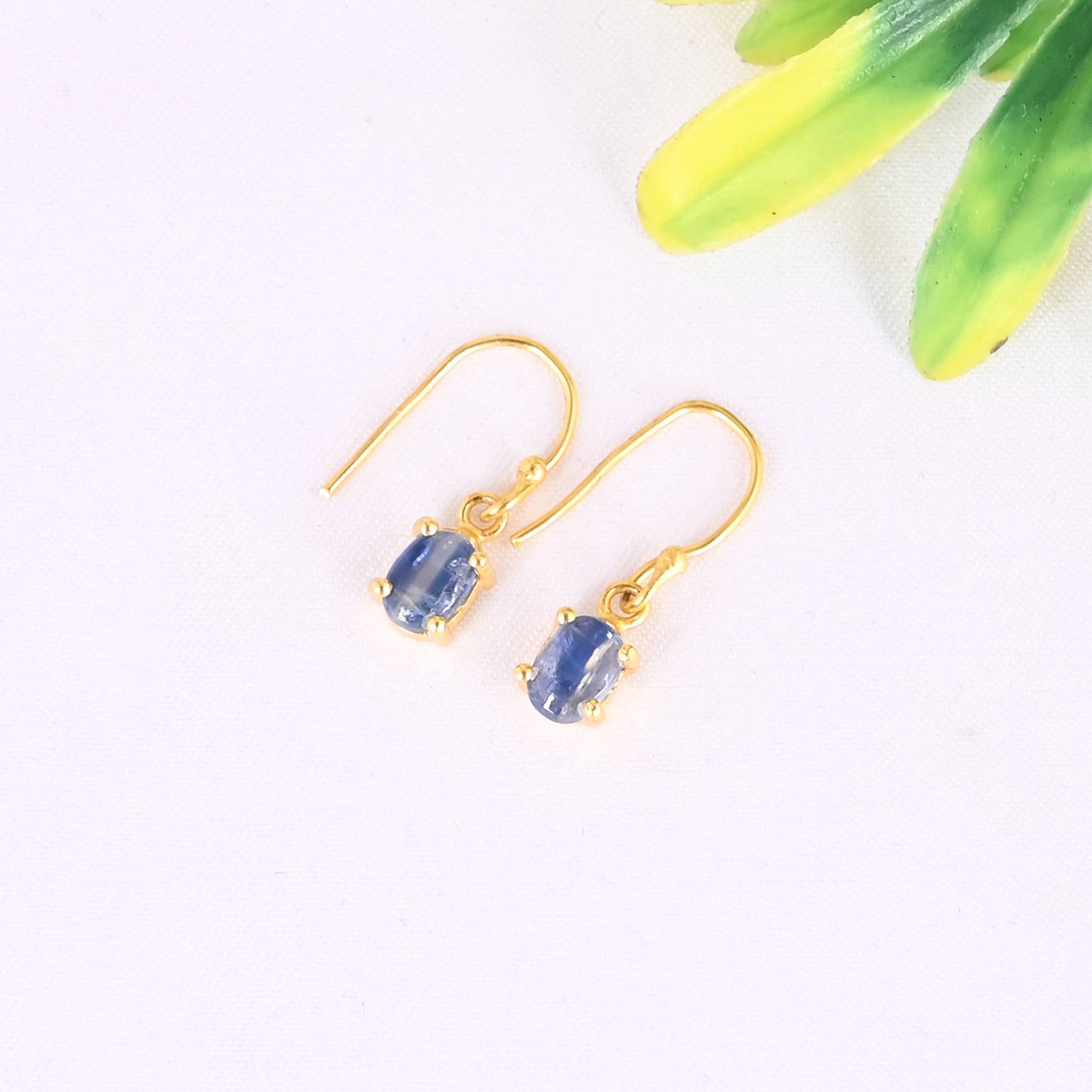 Natural Blue Kyanite 925 Sterling Silver Gold Plated Dangle Earrings for Women