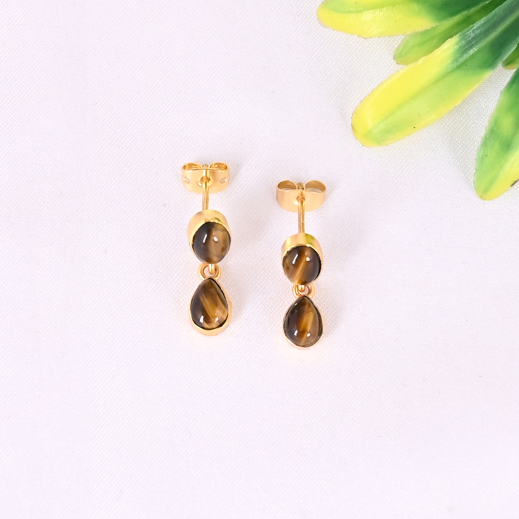 Natural Tiger Eye Gemstone 925 Sterling Silver Minimalist Gold Plated Drop Earrings for Women