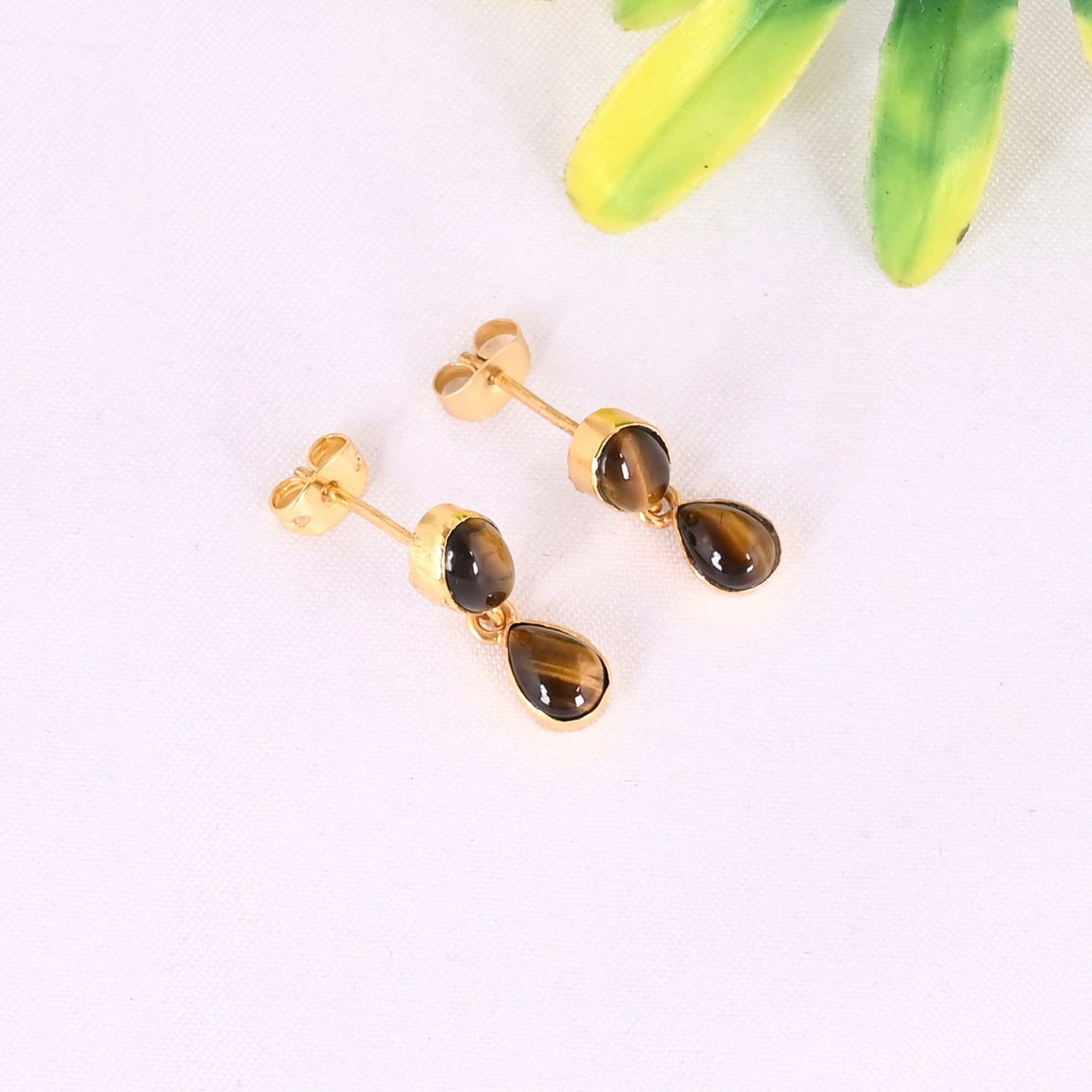 Natural Tiger Eye Double Stone 925 Sterling Silver Stylish Minimalist Gold Plated Drop Earrings