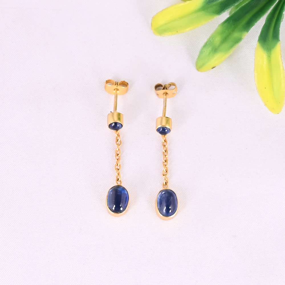 Image of Natural Blue Kyanite Gemstone 925 Sterling Silver Minimalist Gold Plated Drop Earrings