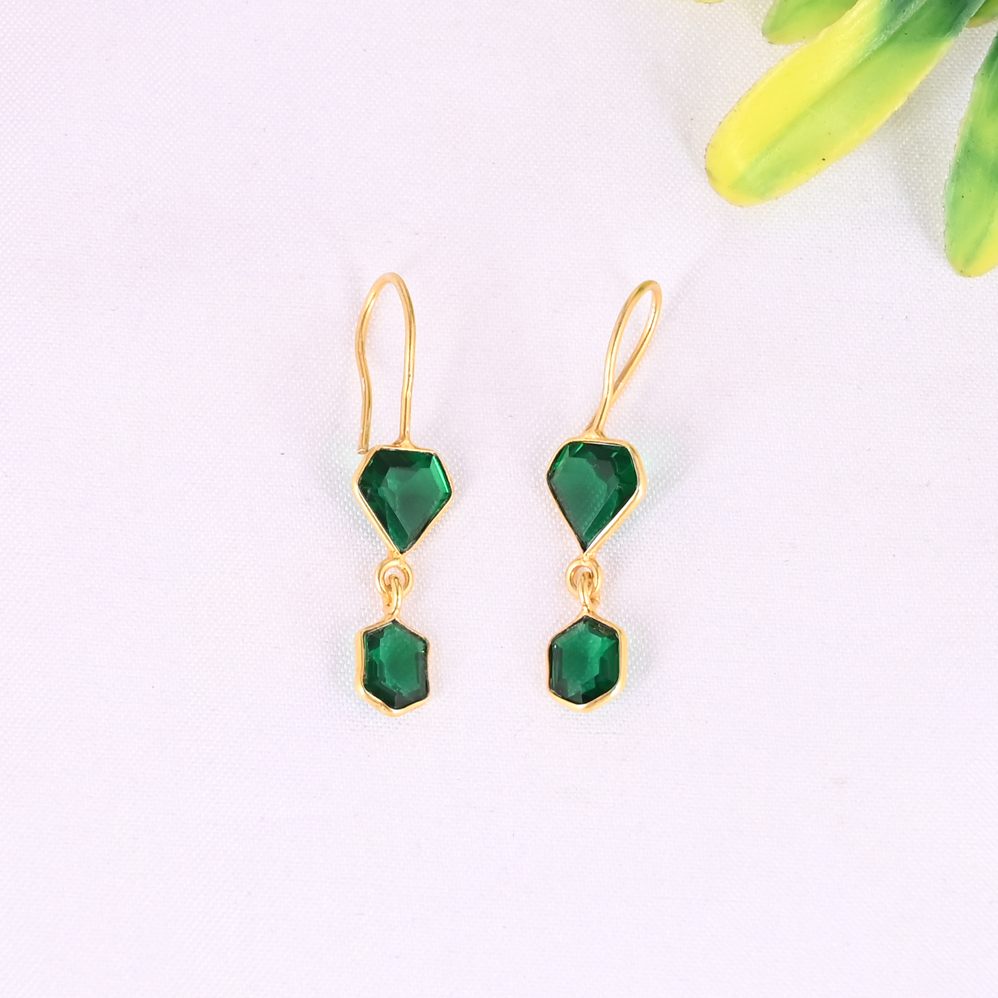 925 Sterling Silver Emerald Hydro Gemstone Elegant Dangle Gold Plated Earrings for Women