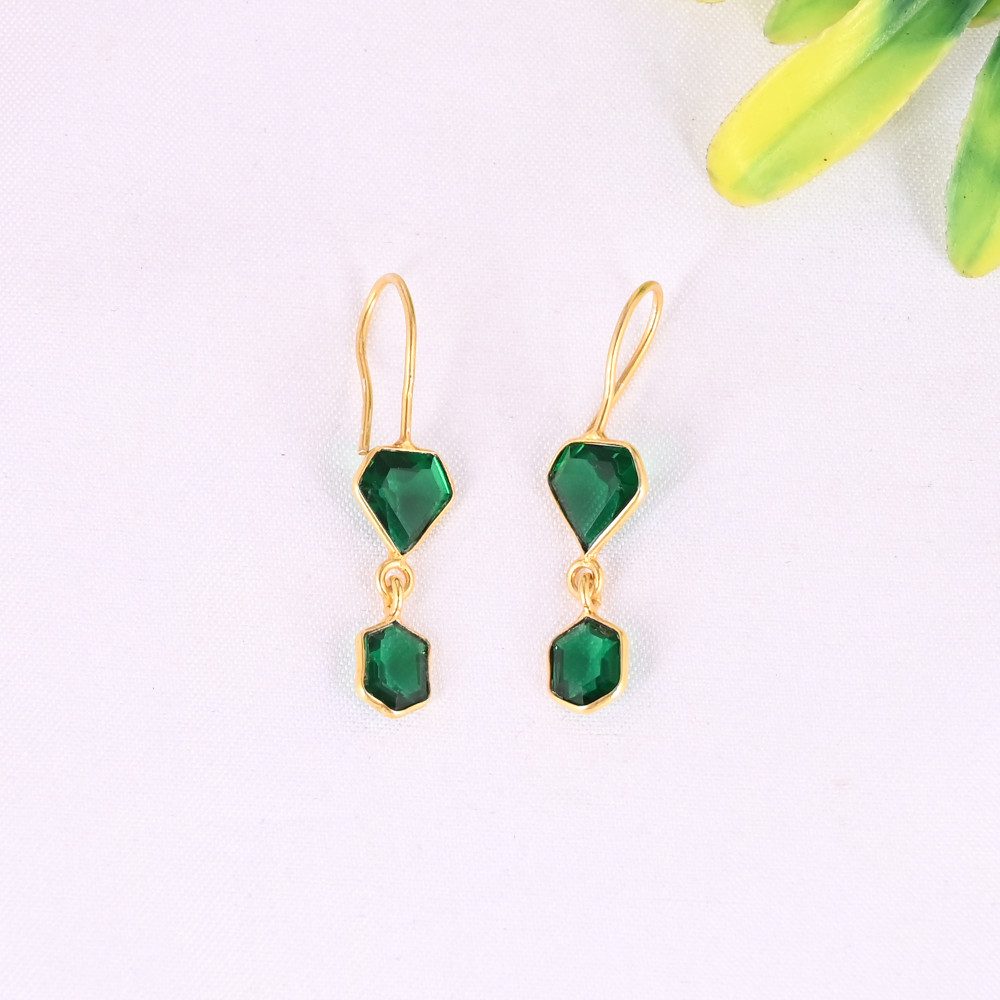Image of 925 Sterling Silver Emerald Hydro Gemstone Elegant Dangle Gold Plated Earrings for Women