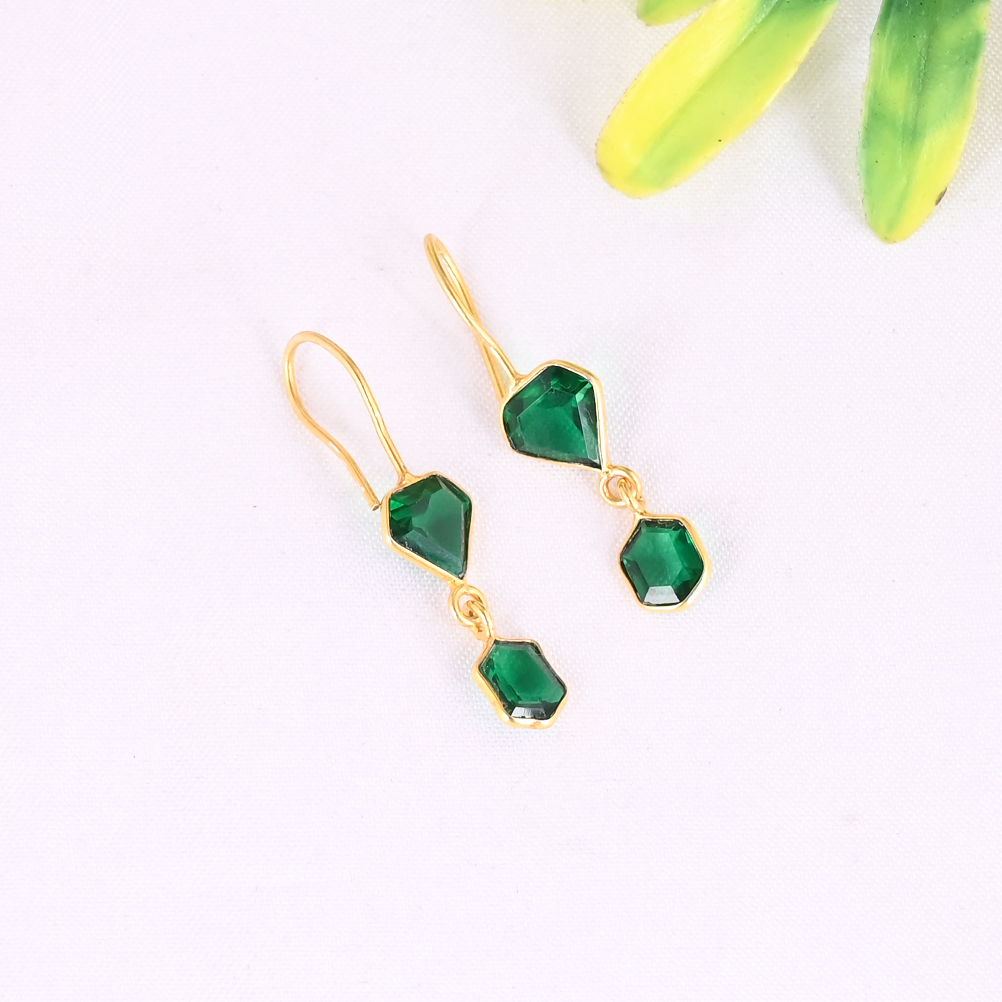 925 Sterling Silver Emerald Hydro Gemstone Elegant Dangle Gold Plated Earrings for Women