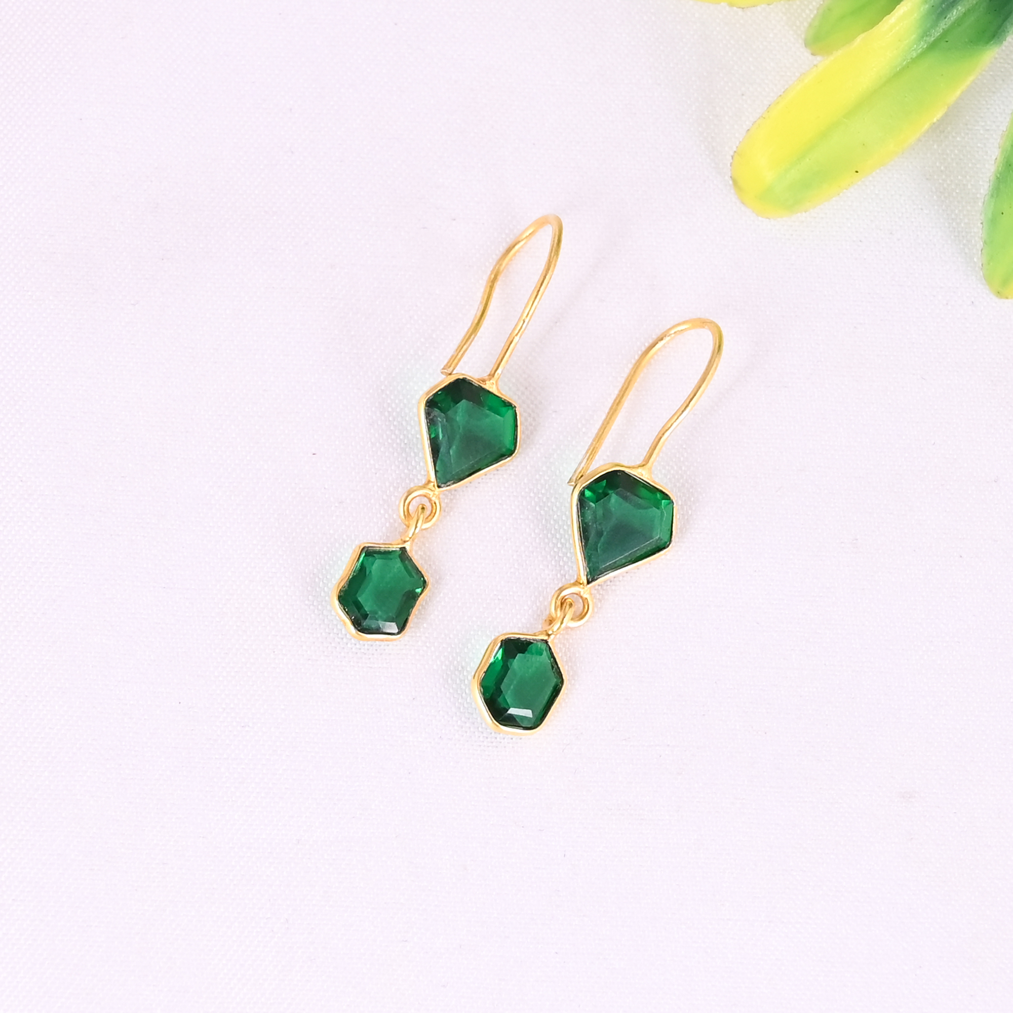 925 Sterling Silver Emerald Hydro Gemstone Elegant Dangle Gold Plated Earrings for Women