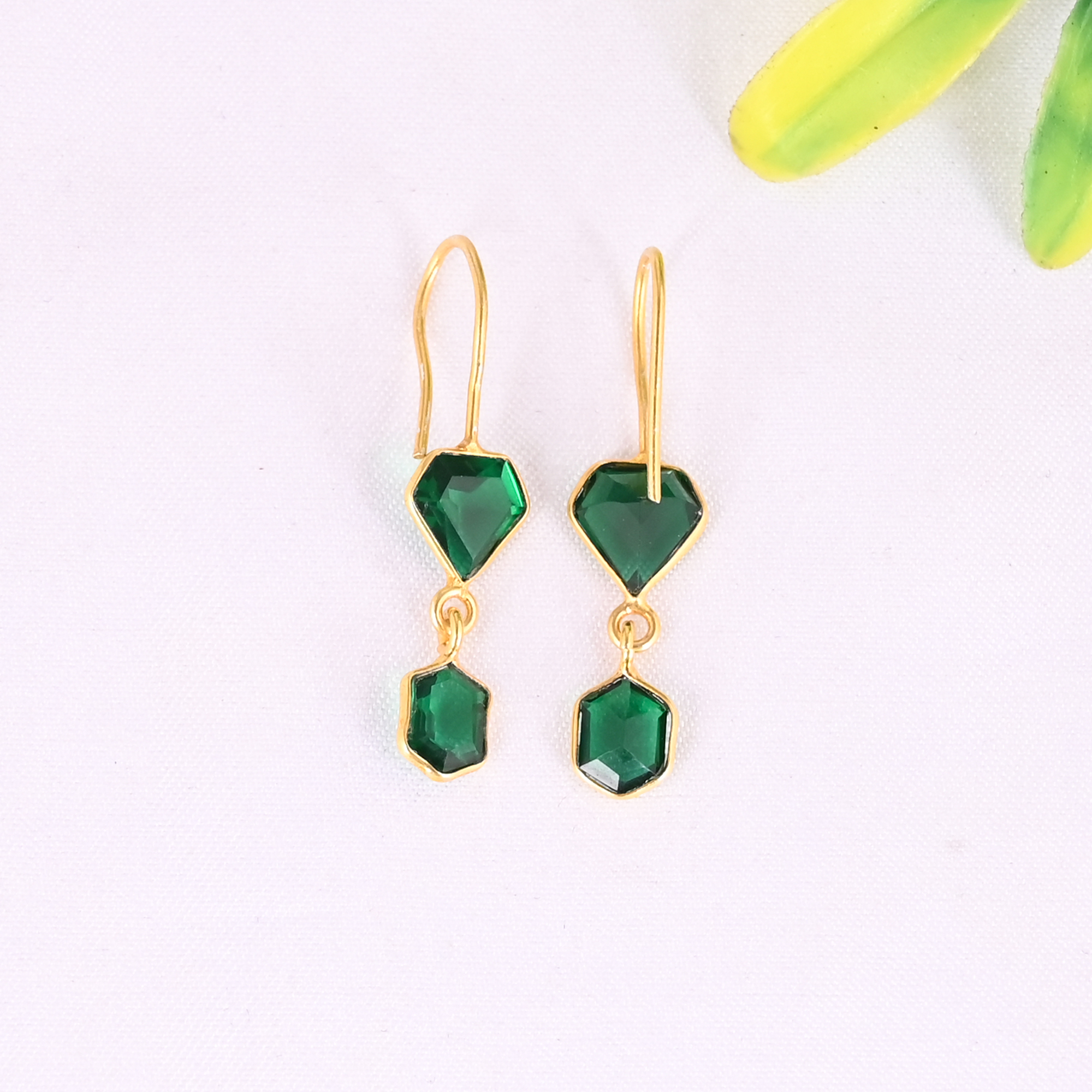 925 Sterling Silver Emerald Hydro Gemstone Elegant Dangle Gold Plated Earrings for Women