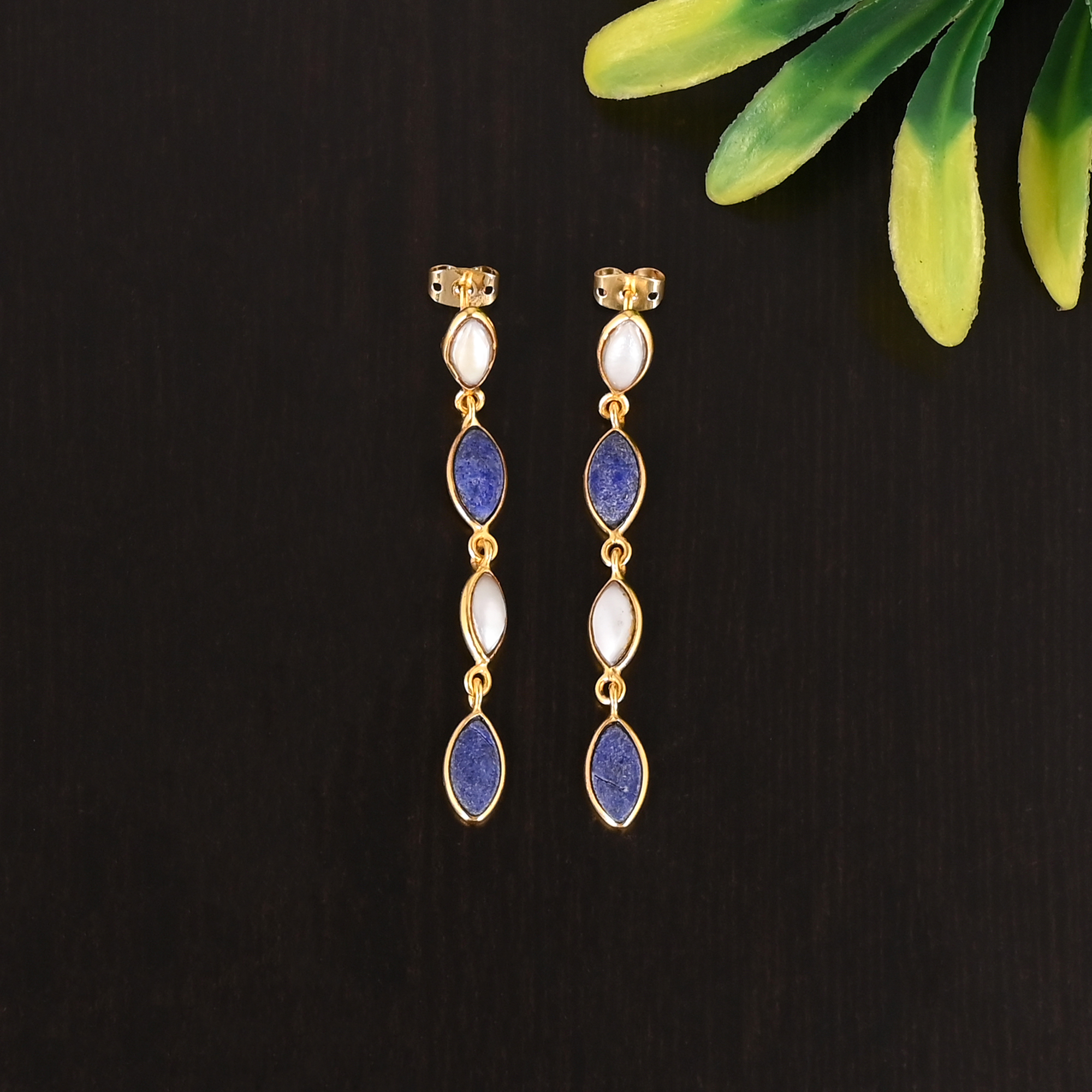 925 Sterling Silver Lapis Lazuli Mother of Pearl Gemstone Dangle Gold Plated Earrings for Women