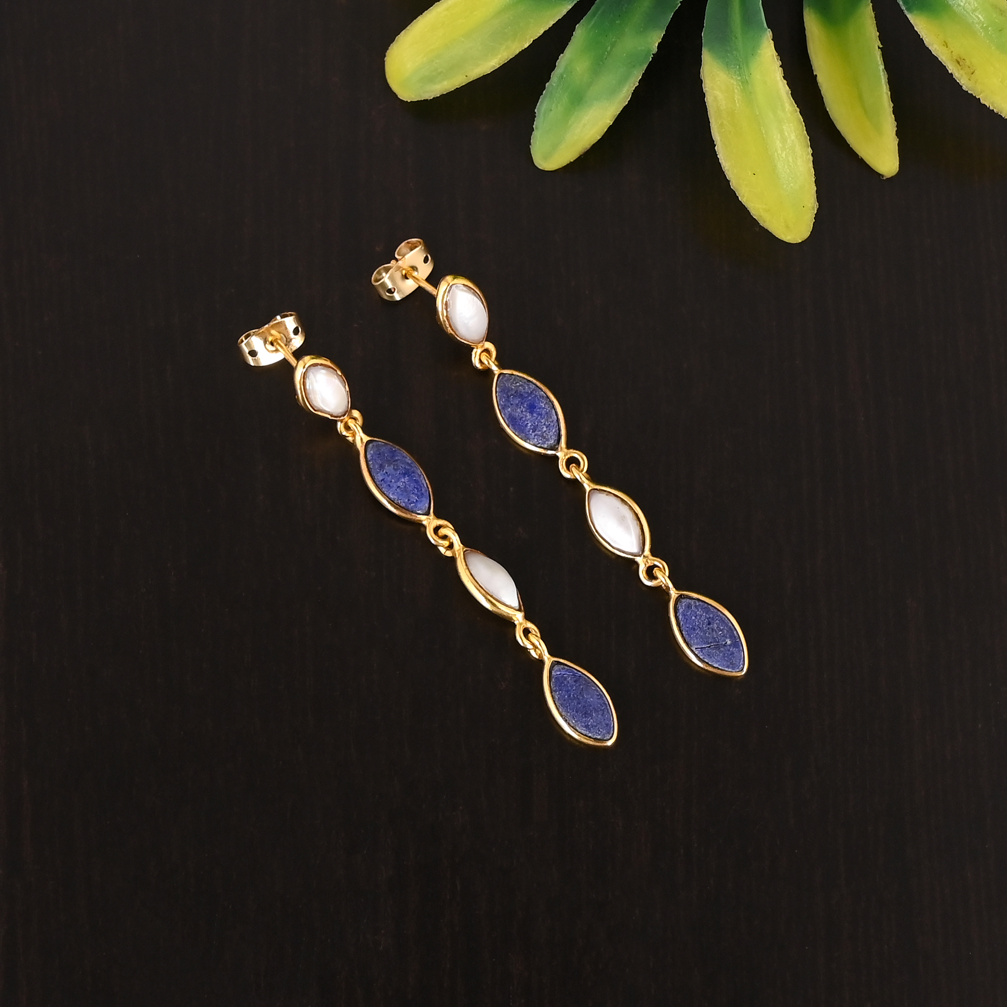 925 Sterling Silver Lapis Lazuli Mother of Pearl Gemstone Dangle Gold Plated Earrings for Women