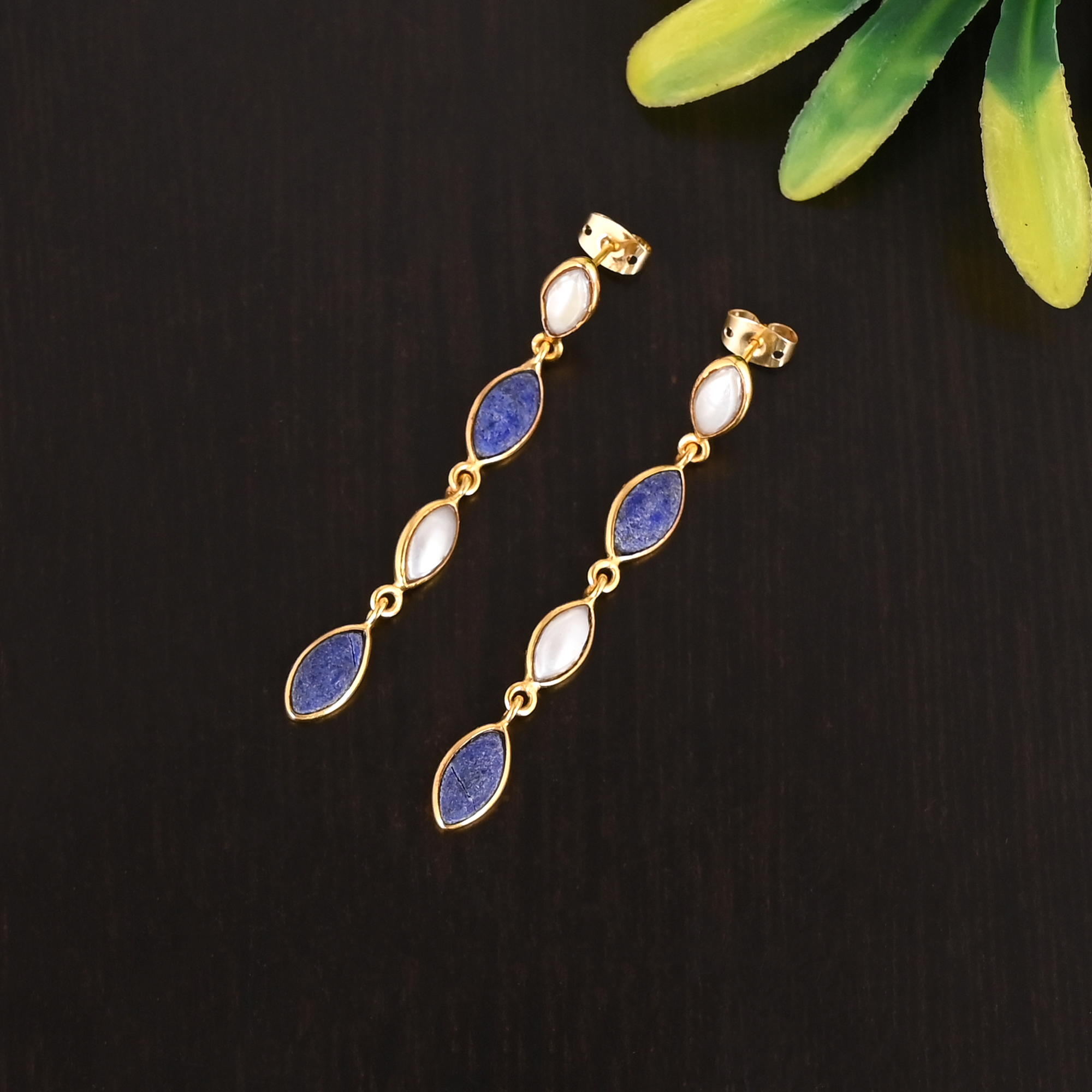 925 Sterling Silver Lapis Lazuli Mother of Pearl Gemstone Dangle Gold Plated Earrings for Women