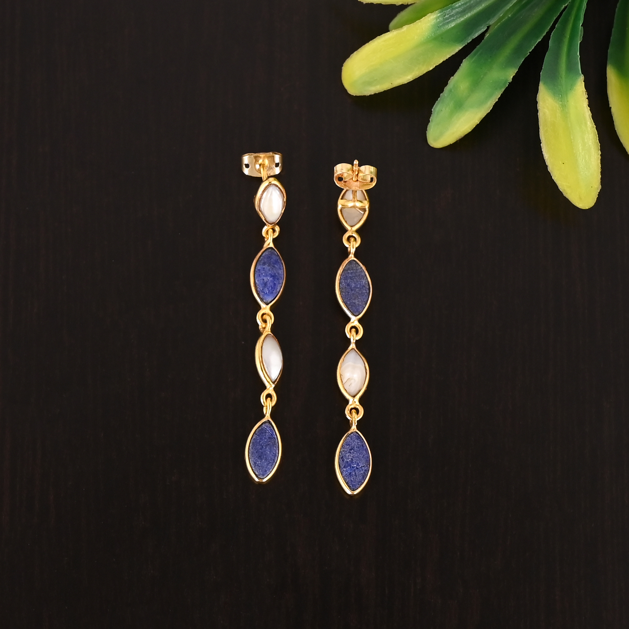 925 Sterling Silver Lapis Lazuli Mother of Pearl Gemstone Dangle Gold Plated Earrings for Women