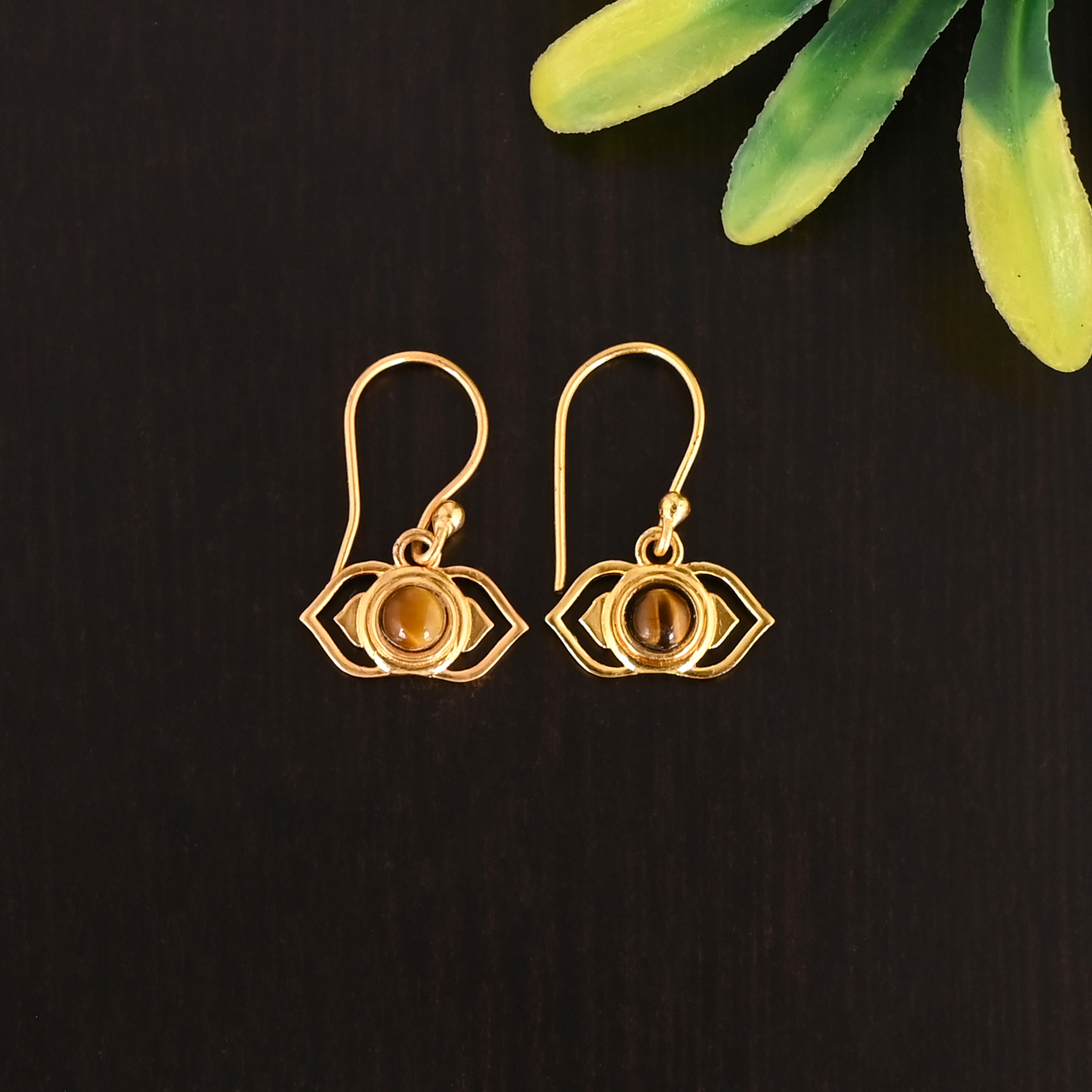 Natural Tiger Eye Gemstone 925 Sterling Silver Stylish Minimalist Gold Plated Earrings
