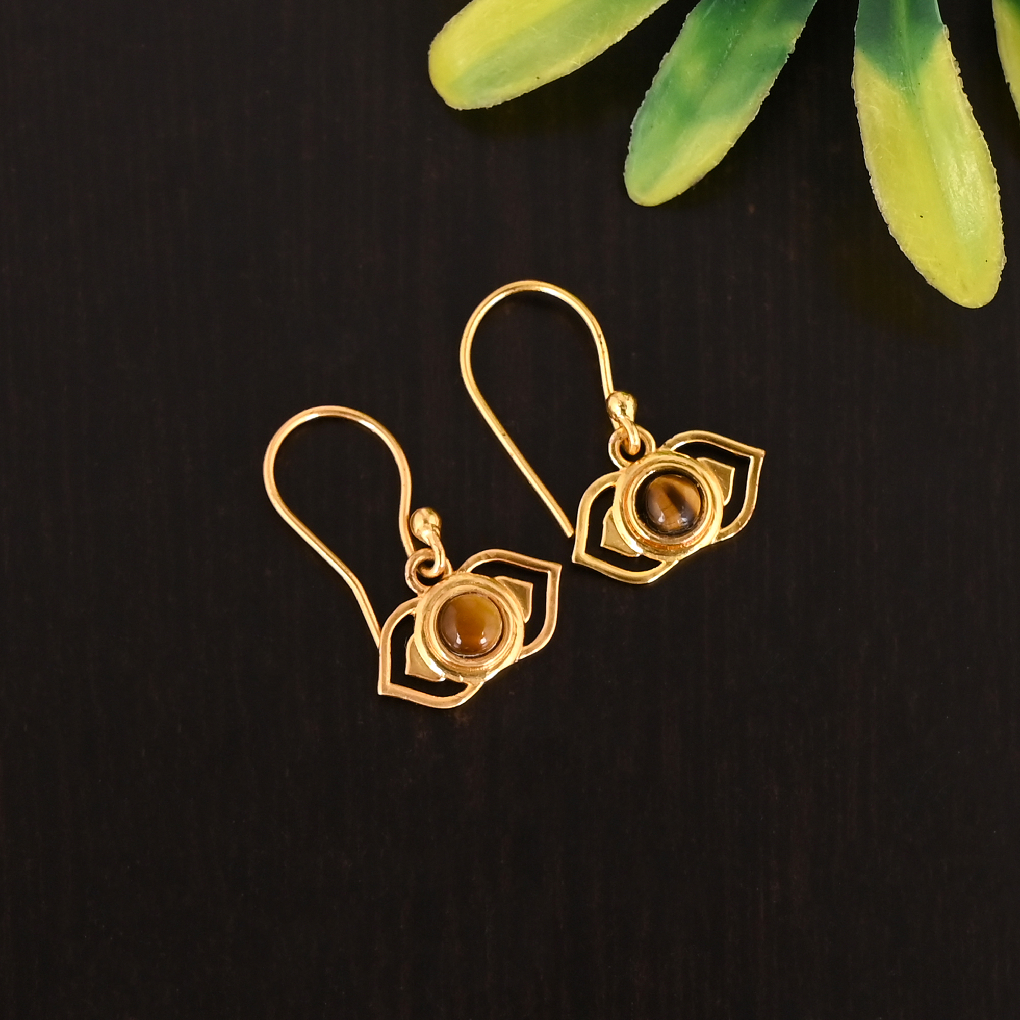 Natural Tiger Eye Gemstone 925 Sterling Silver Stylish Minimalist Gold Plated Earrings
