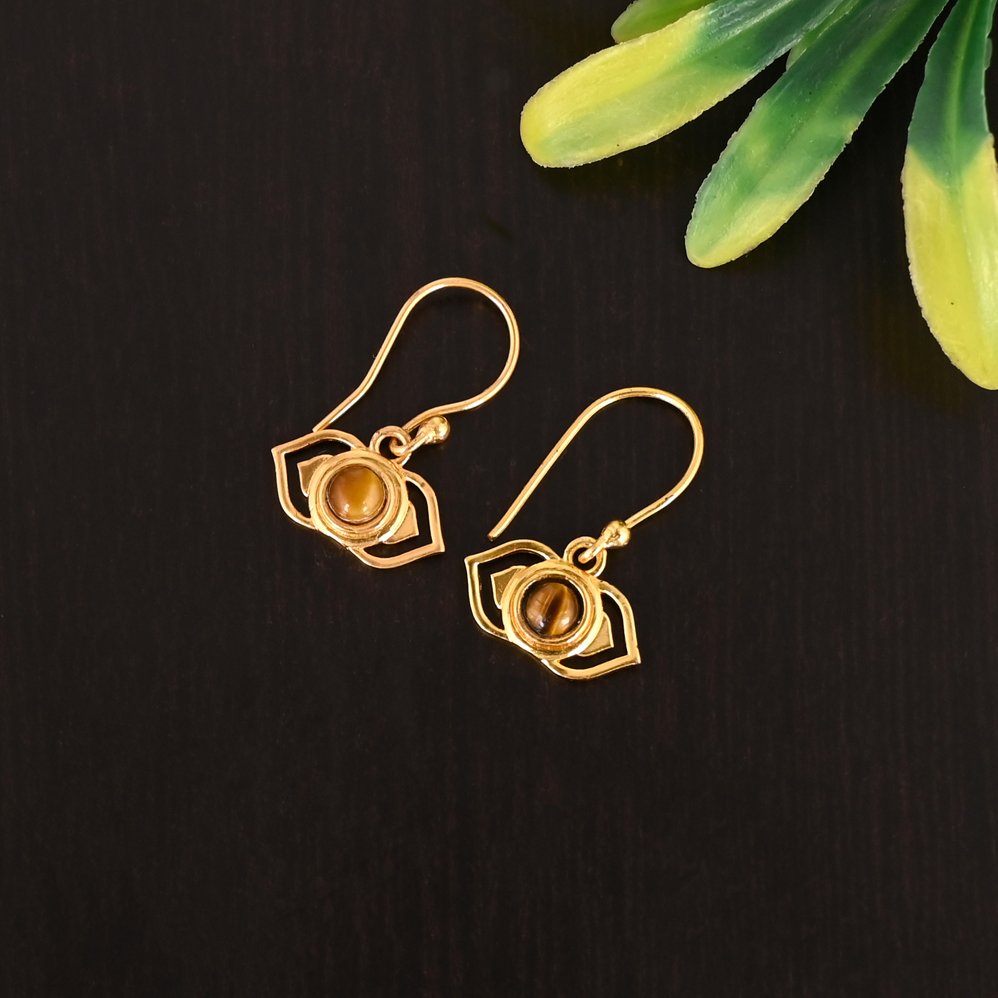 Natural Tiger Eye Gemstone 925 Sterling Silver Stylish Minimalist Gold Plated Earrings