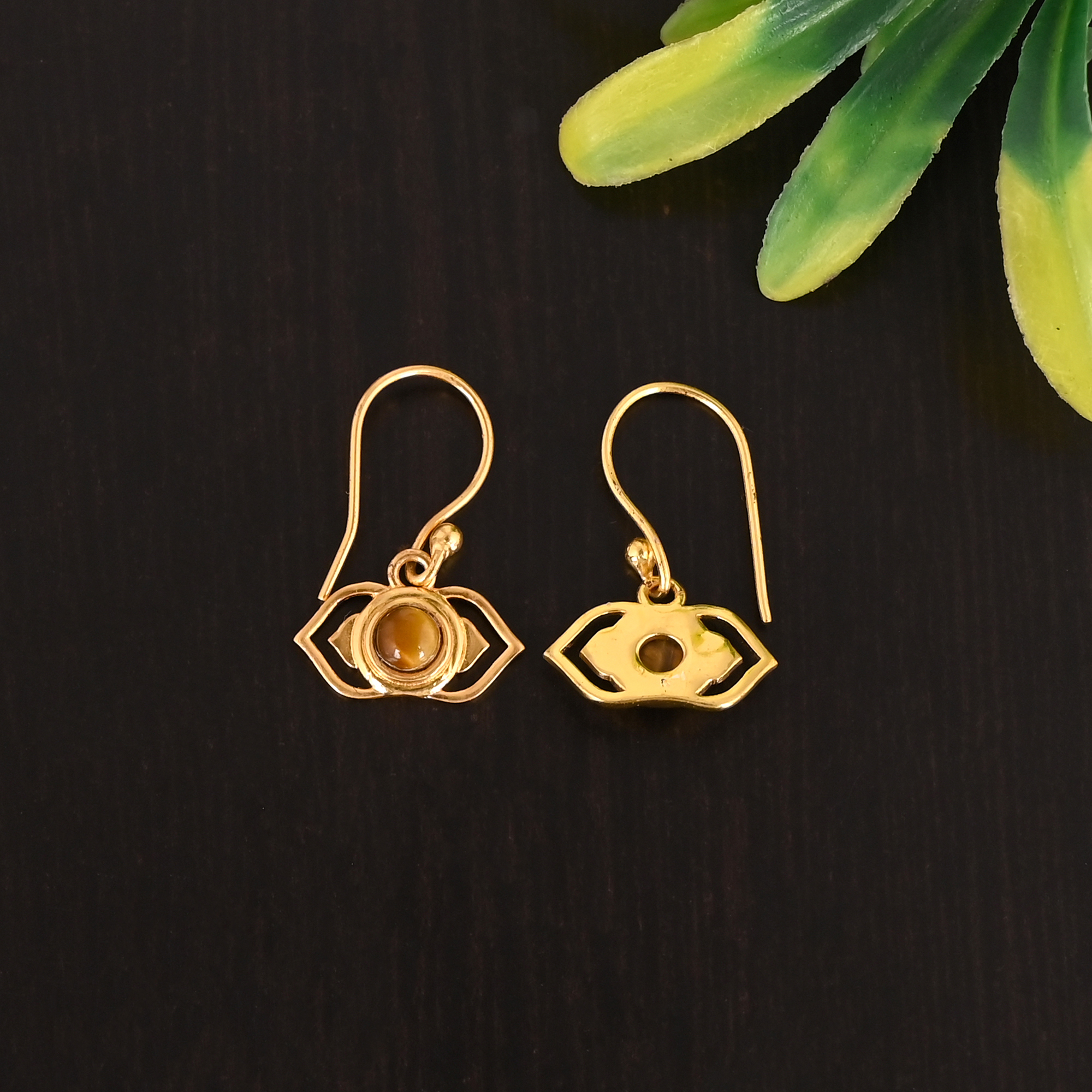 Natural Tiger Eye Gemstone 925 Sterling Silver Stylish Minimalist Gold Plated Earrings