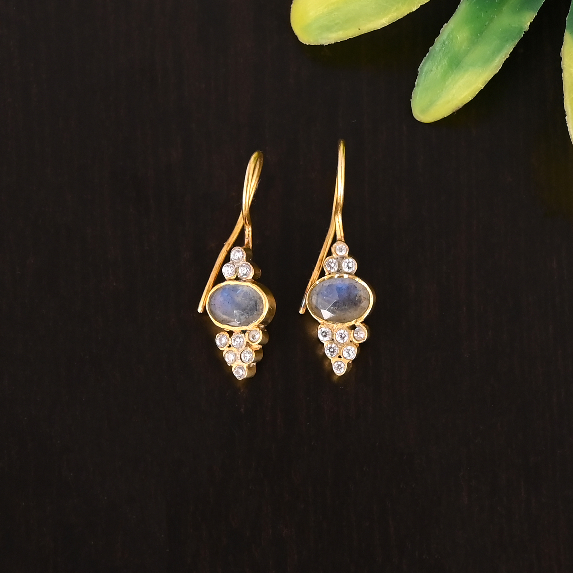 Natural Labradorite CZ Gemstone 925 Sterling Silver Fashion Gold Plated Earrings for Women