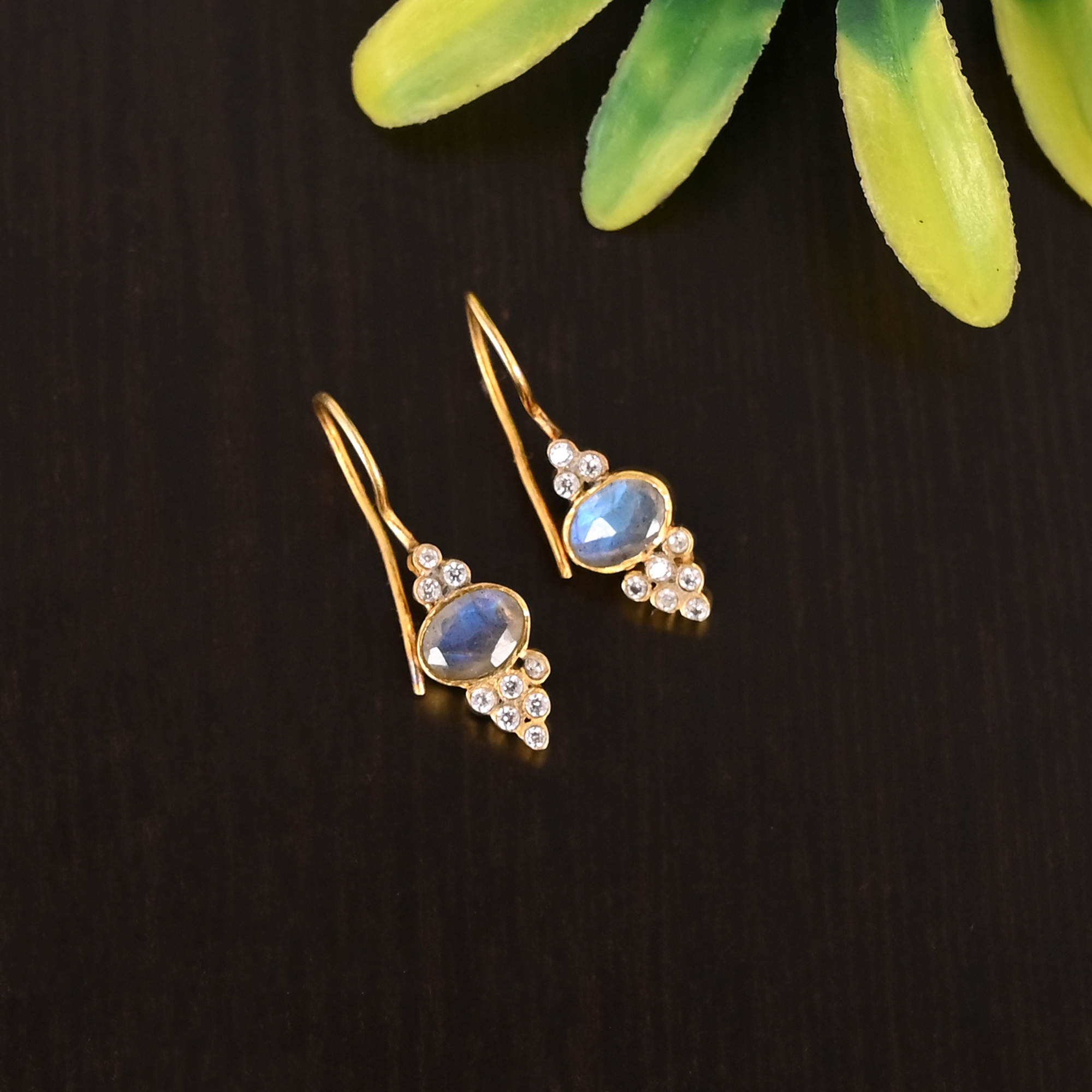 Natural Labradorite CZ Gemstone 925 Sterling Silver Fashion Gold Plated Earrings for Women