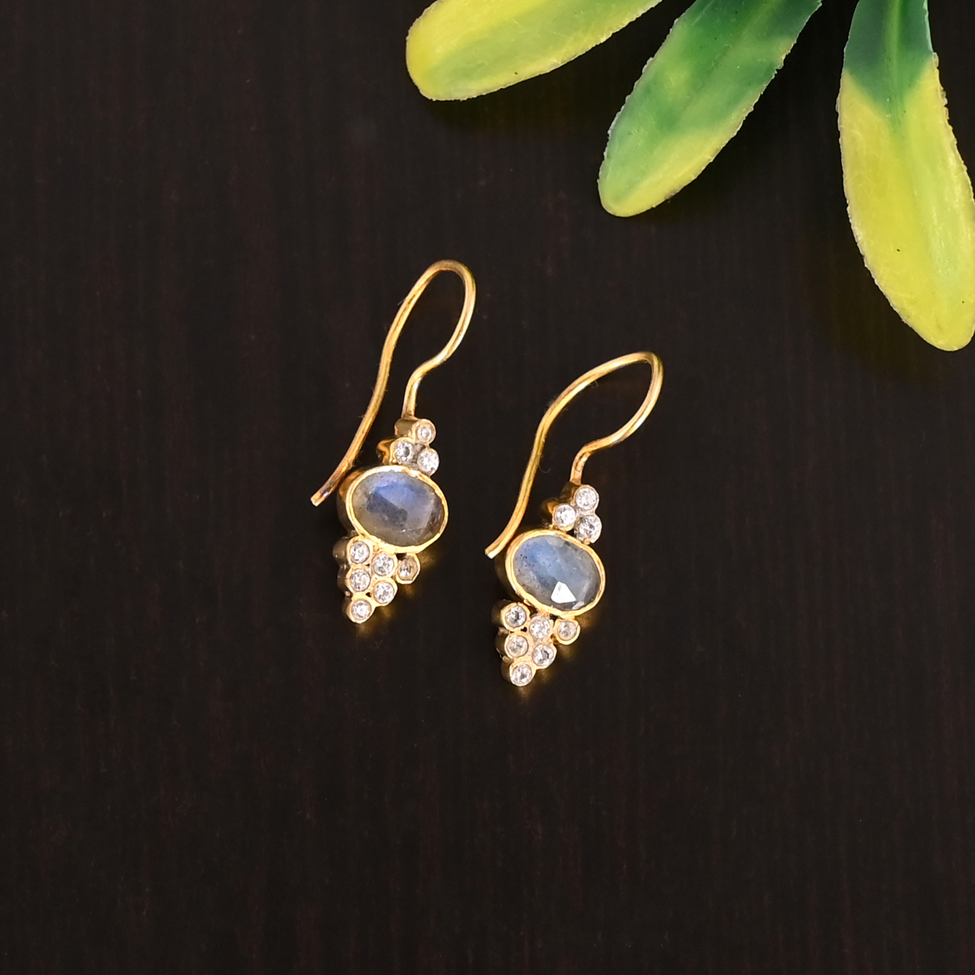 Natural Labradorite CZ Gemstone 925 Sterling Silver Fashion Gold Plated Earrings for Women