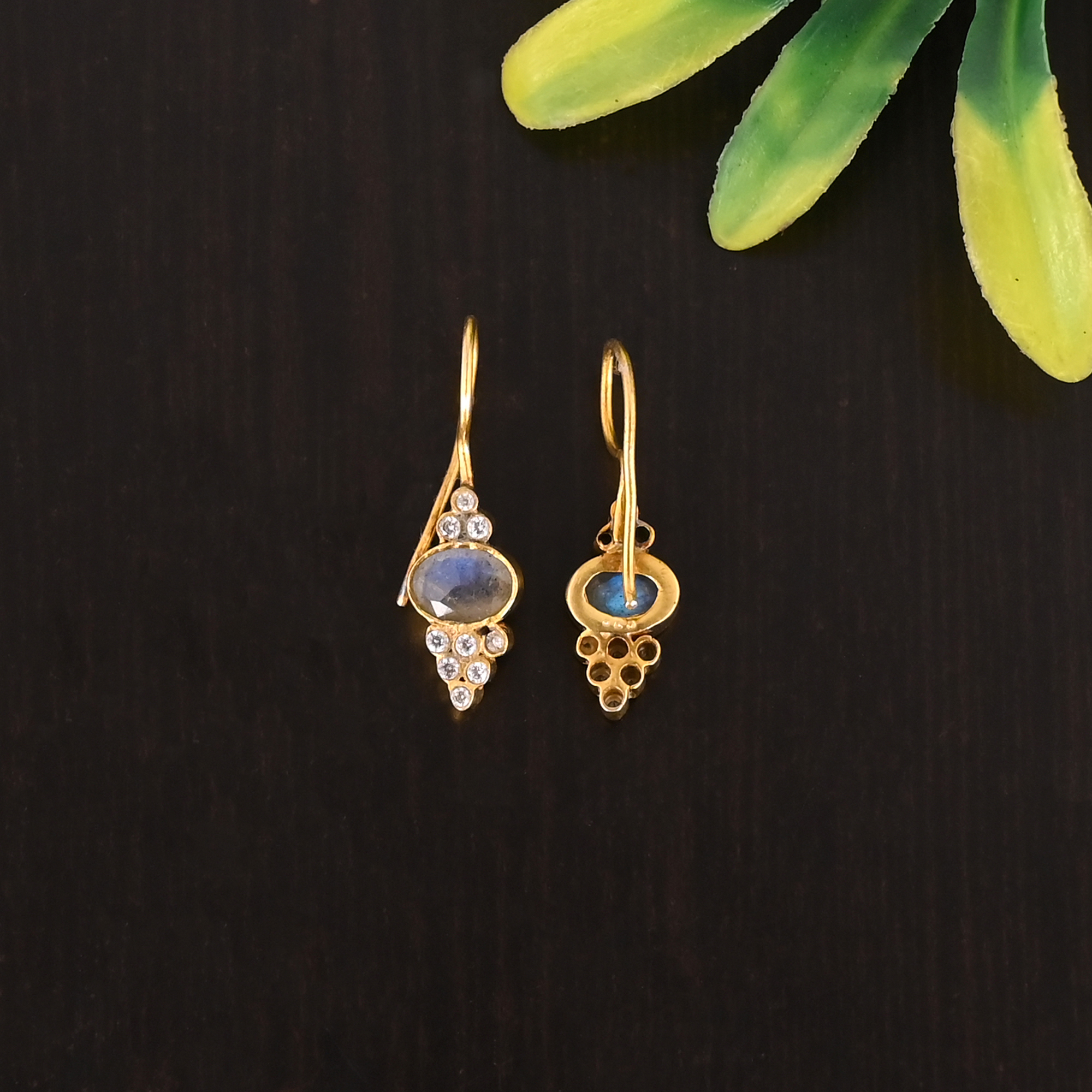 Natural Labradorite CZ Gemstone 925 Sterling Silver Fashion Gold Plated Earrings for Women