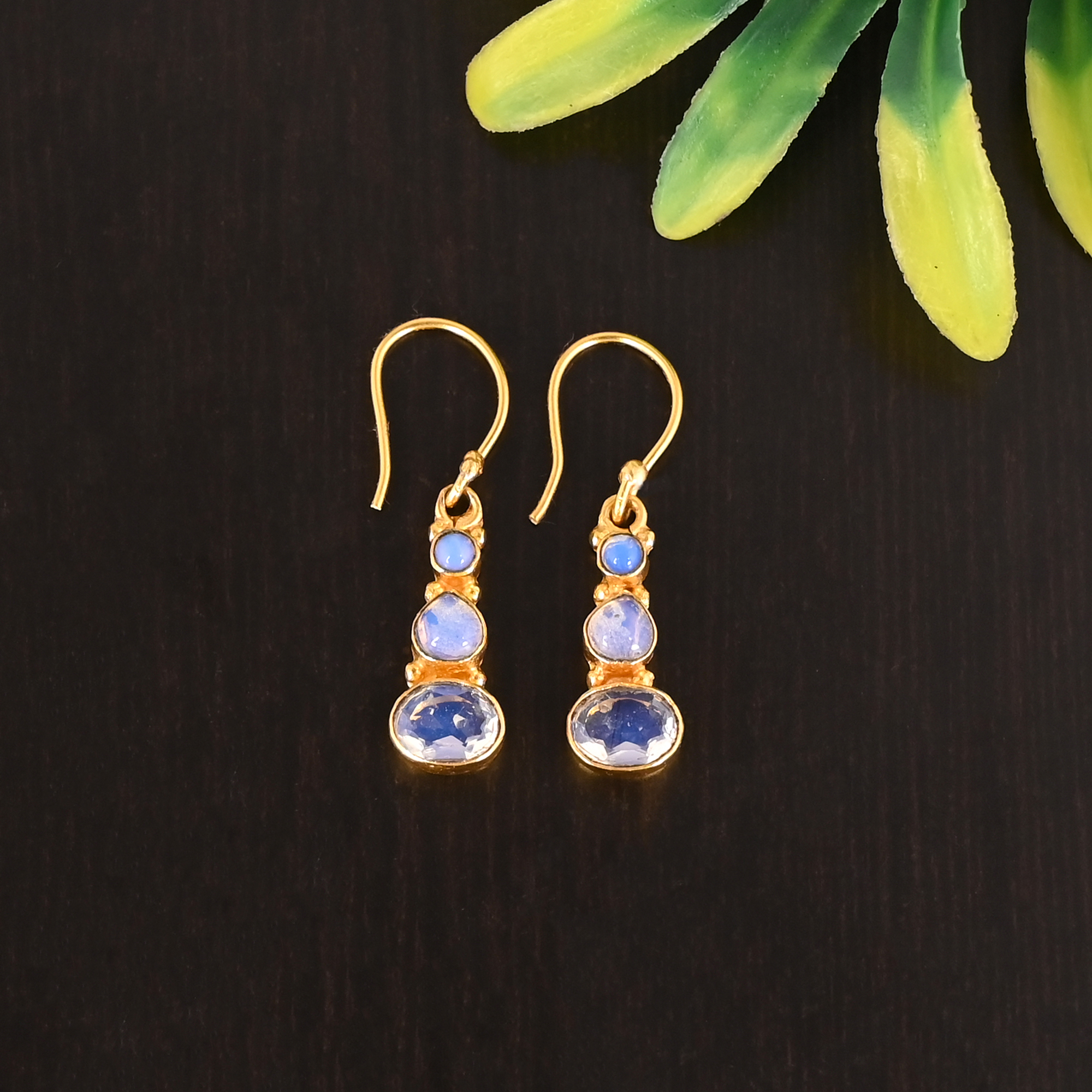 Natural Opalite Triple Stone 925 Sterling Silver Elegant Drop Gold Plated Earrings for Women