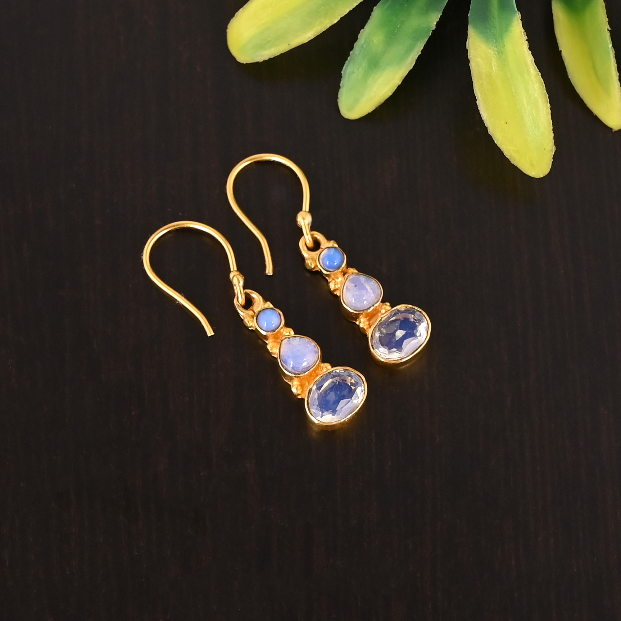 Natural Opalite Triple Stone 925 Sterling Silver Elegant Drop Gold Plated Earrings for Women
