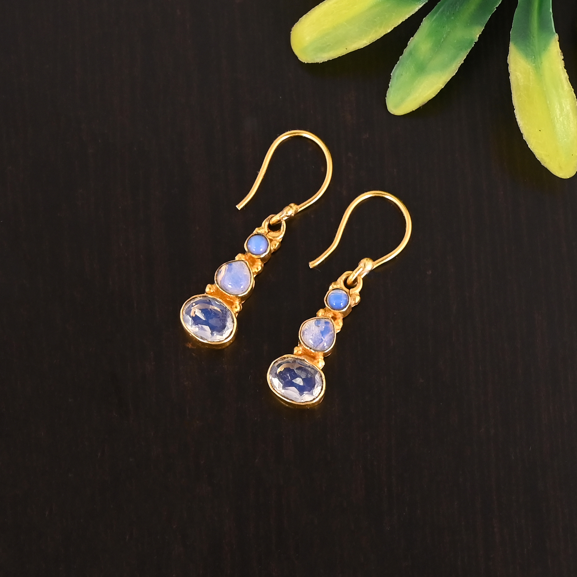 Natural Opalite Triple Stone 925 Sterling Silver Elegant Drop Gold Plated Earrings for Women