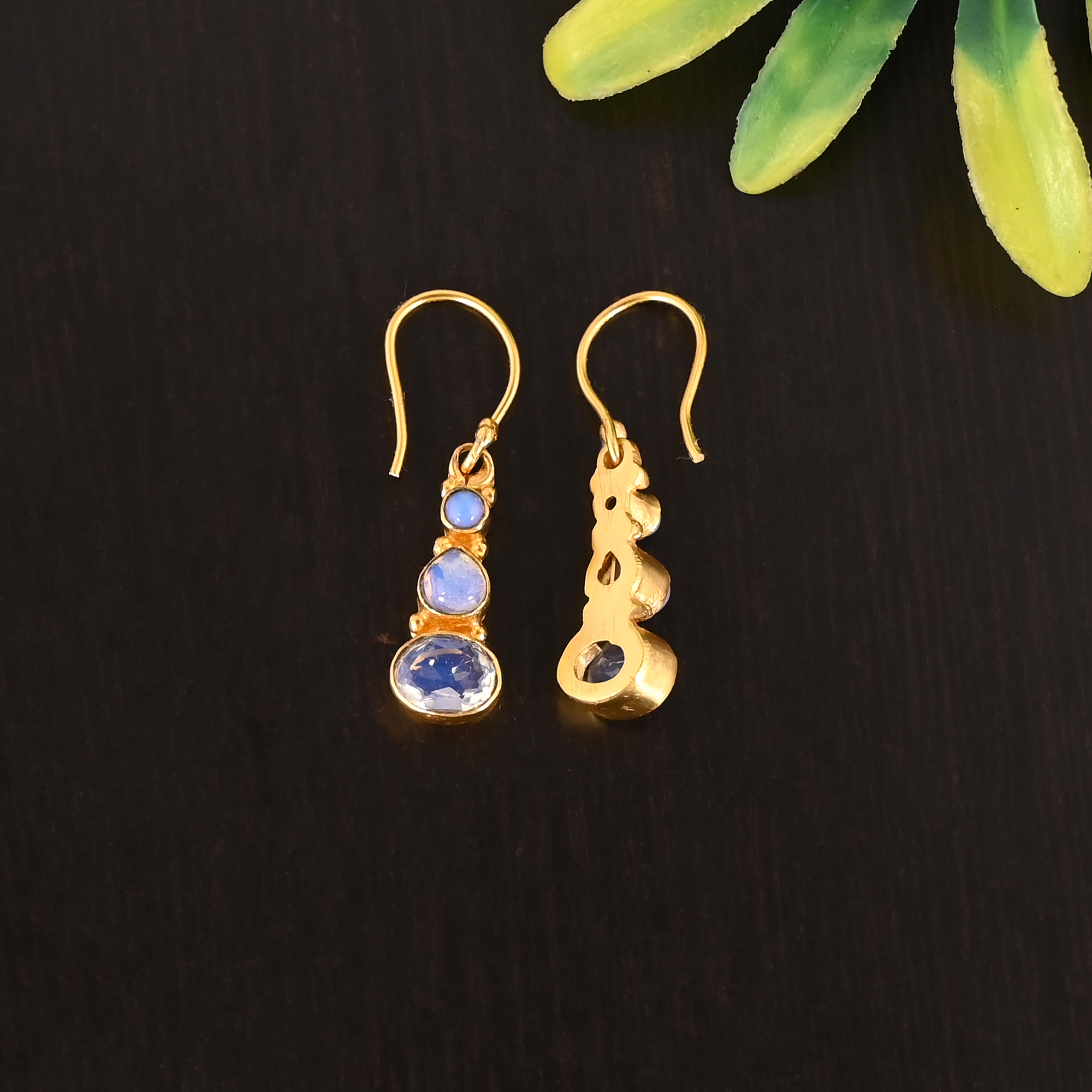 Natural Opalite Triple Stone 925 Sterling Silver Elegant Drop Gold Plated Earrings for Women
