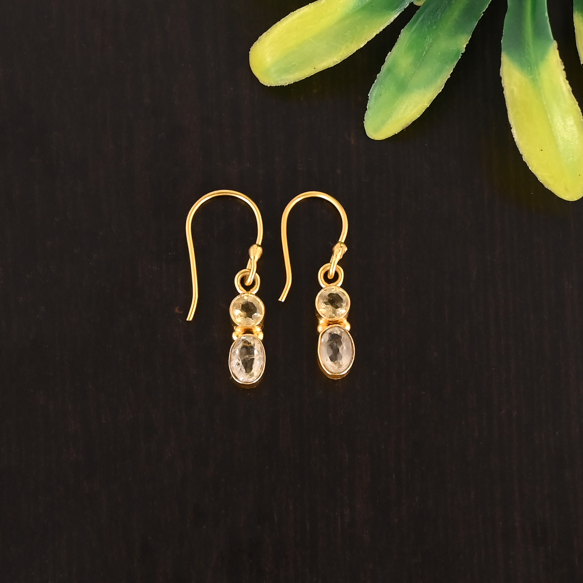 Natural Lemon Quartz Gemstone 925 Sterling Silver Stylish Gold Plated Minimalist Drop Earrings