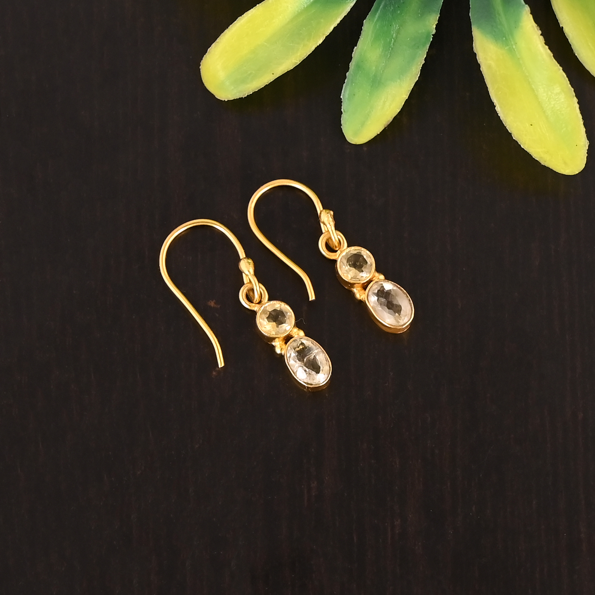 Natural Lemon Quartz Gemstone 925 Sterling Silver Stylish Gold Plated Minimalist Drop Earrings