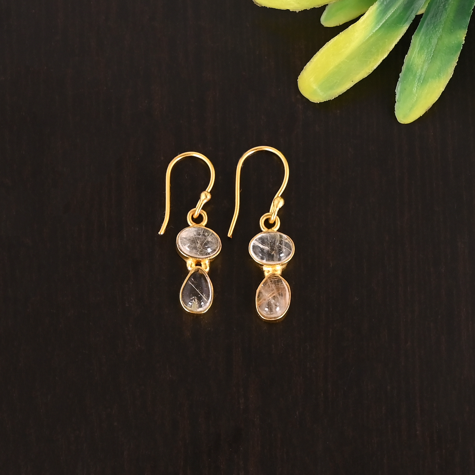 Natural Golden Rutile Double Stone 925 Sterling Silver Minimalist Drop Gold Platec Earrings