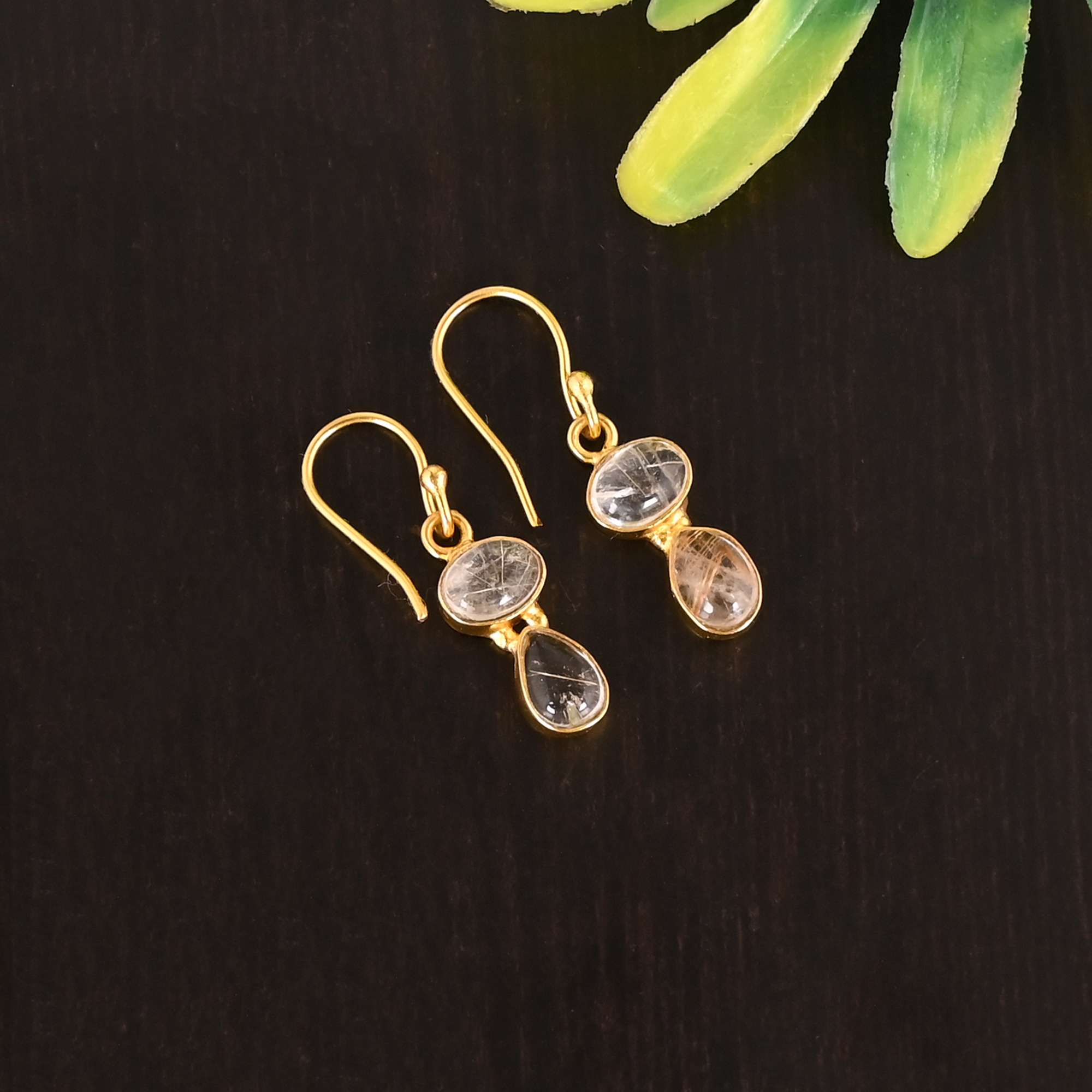 Natural Golden Rutile Double Stone 925 Sterling Silver Minimalist Drop Gold Platec Earrings