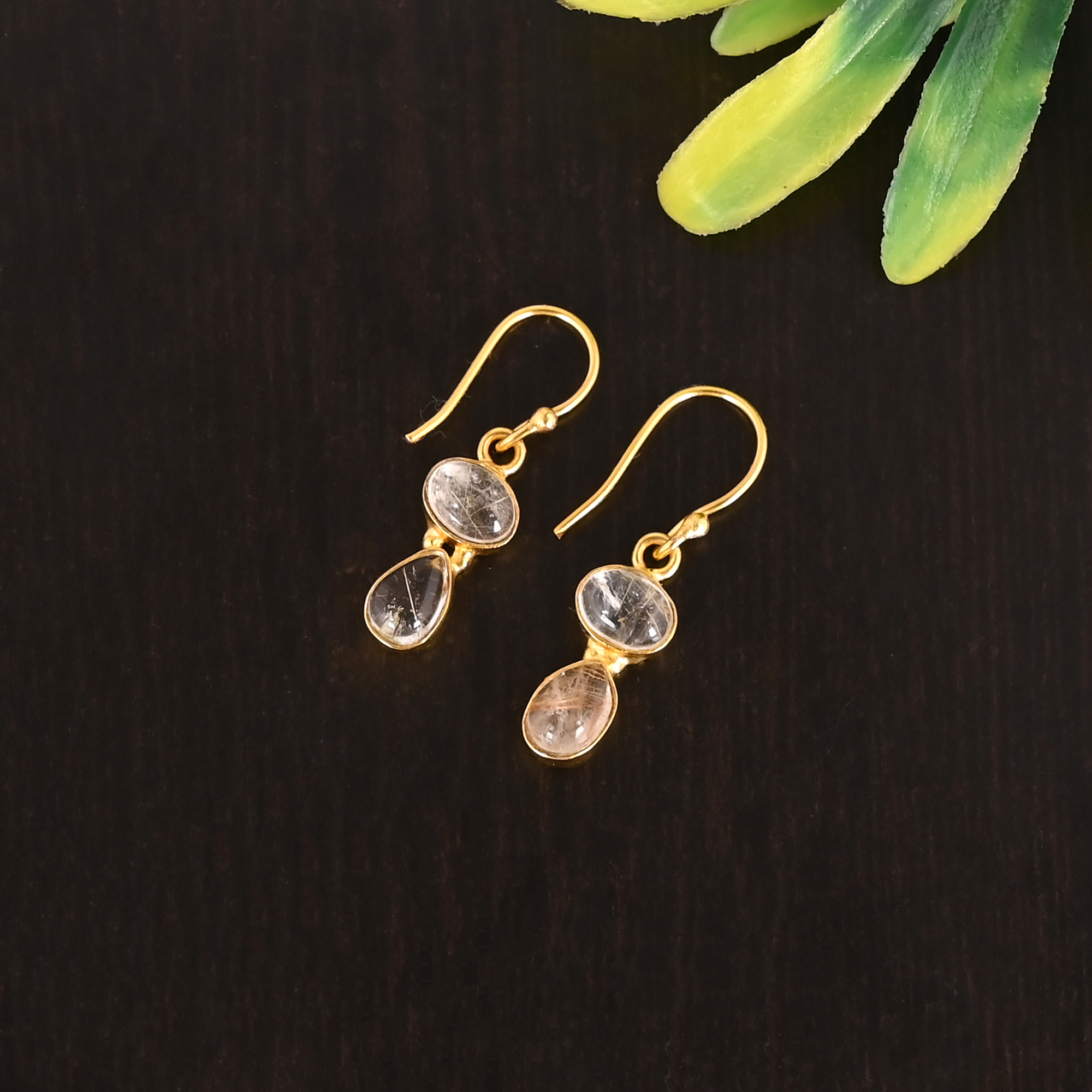 Natural Golden Rutile Double Stone 925 Sterling Silver Minimalist Drop Gold Platec Earrings