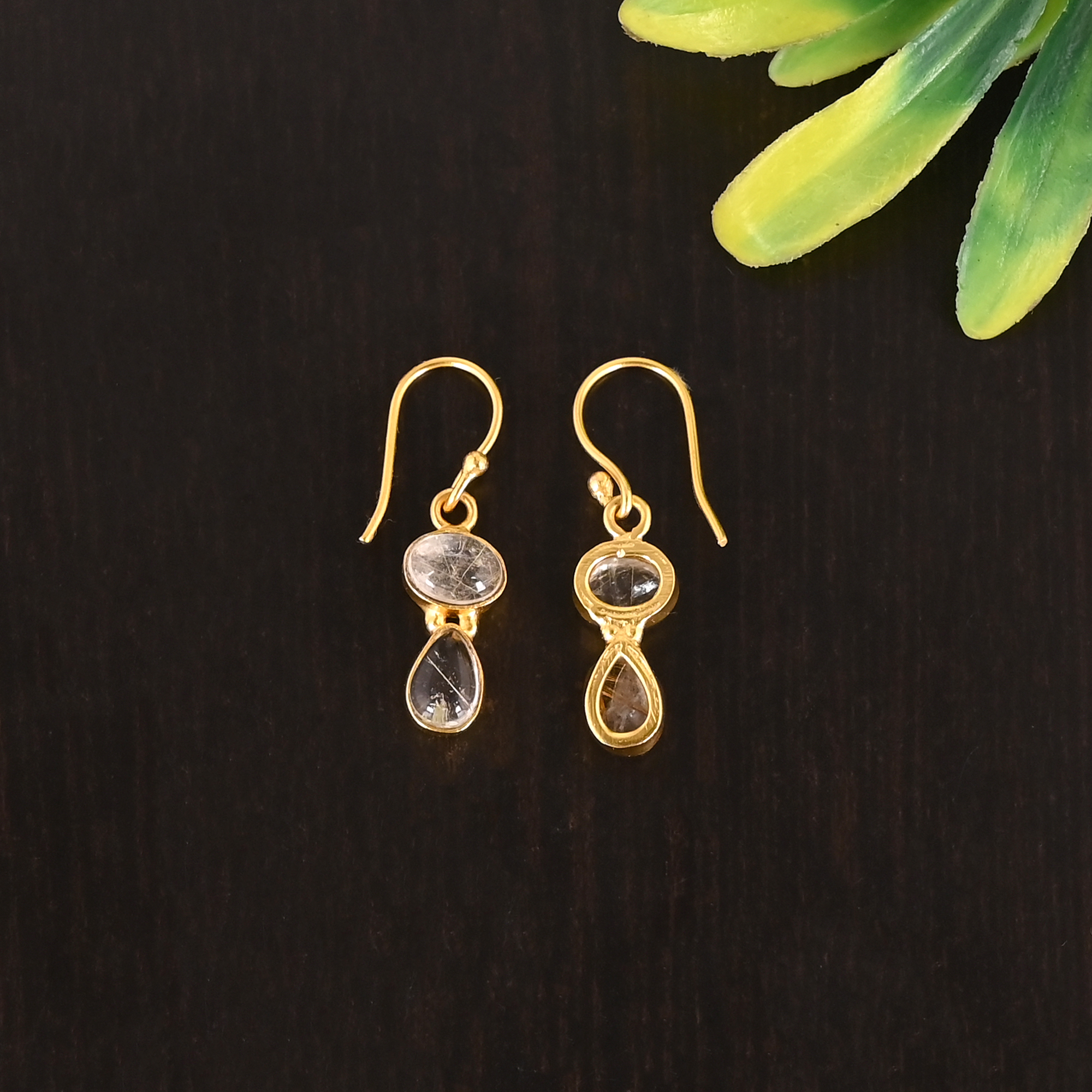 Natural Golden Rutile Double Stone 925 Sterling Silver Minimalist Drop Gold Platec Earrings