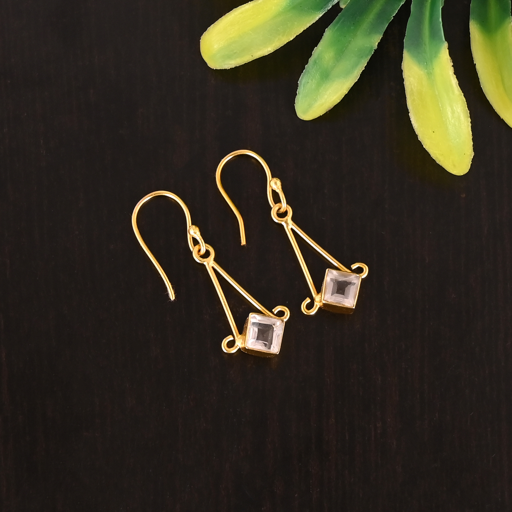 Natural Rose Quartz Gemstone 925 Sterling Silver Gold Plated Minimalist Earrings for Women