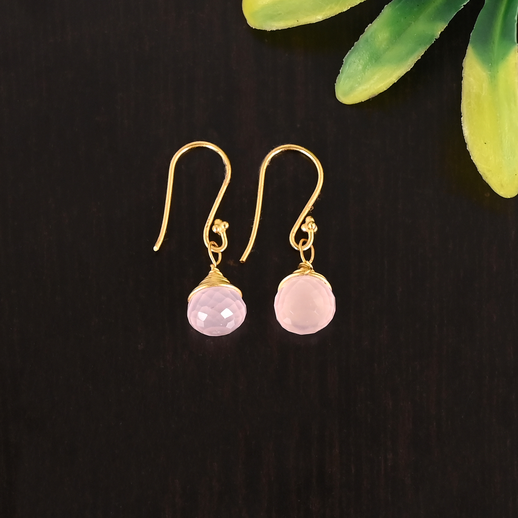 Natural Faceted Rose Quartz Gemstone Wire Wrapped Gold Plated Earring for Womens