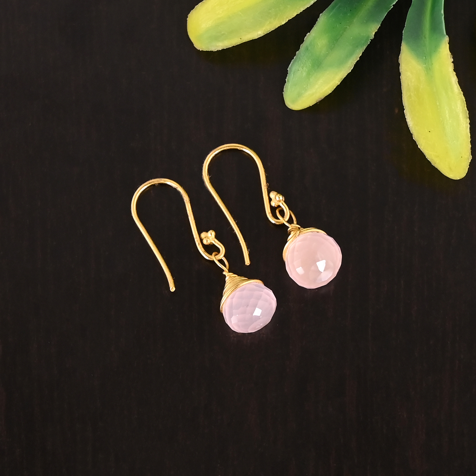 Natural Faceted Rose Quartz Gemstone Wire Wrapped Gold Plated Earring for Womens